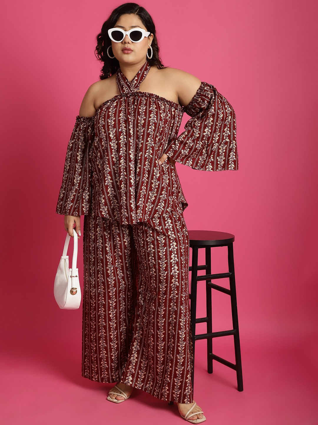 Women's Plus Size MaroonBeige & Gold floral printed Wide Leg Mid-Rise Palazzo