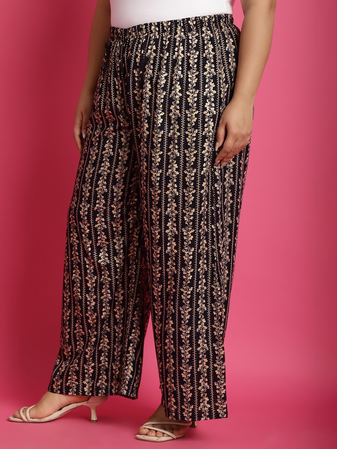 Women's Plus Size Navy Gold floral printed Wide Leg Mid-Rise Palazzo