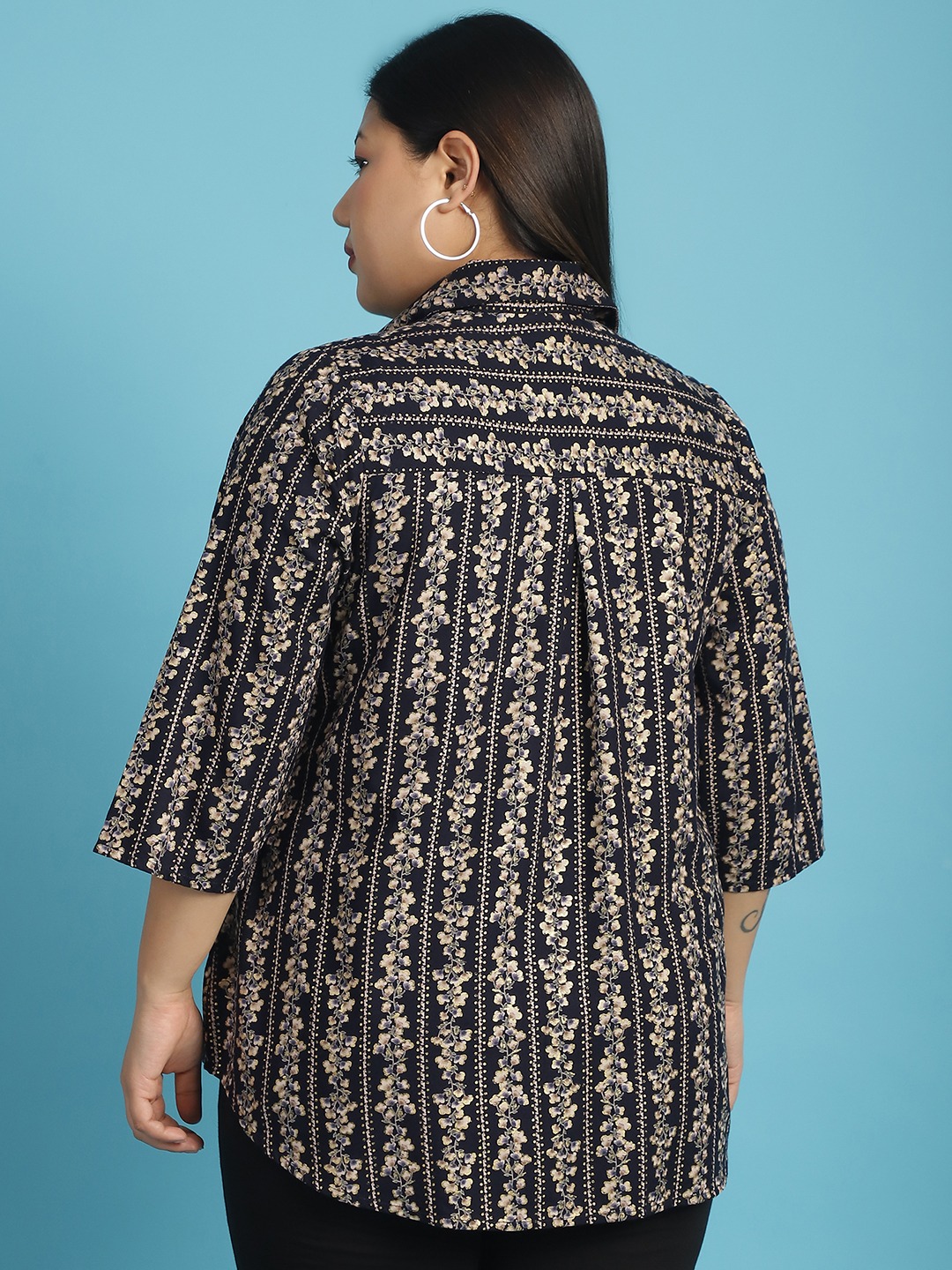 Women's Plus Size Navy Gold Floral abstract printed casual shirt