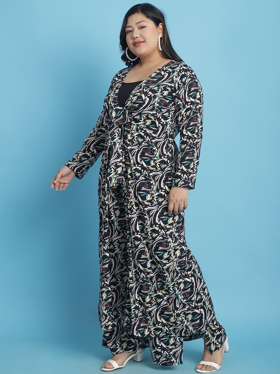 Women's Plus Size Black abstract printed Tie-Up Longline Shrug