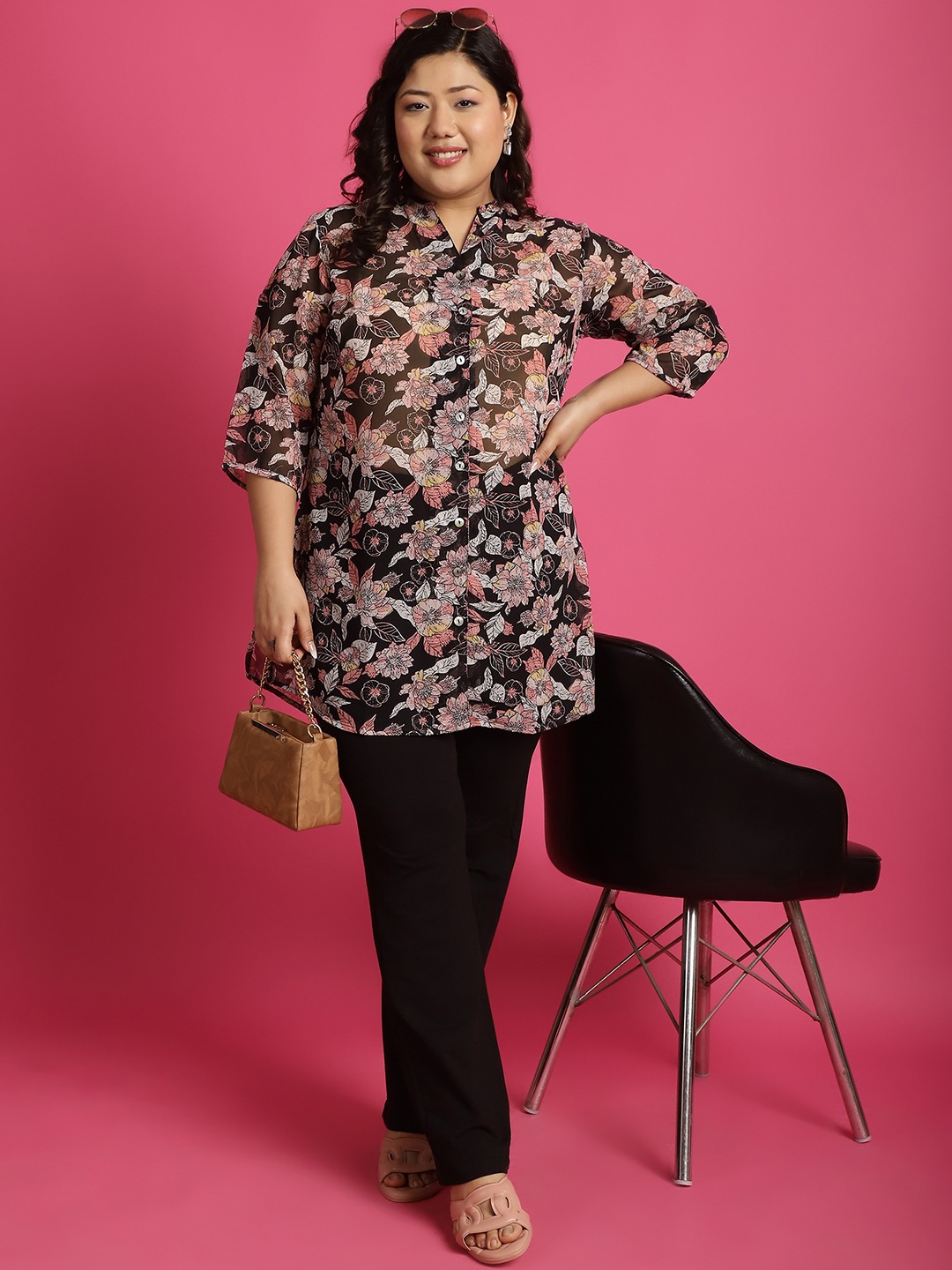 Women's Plus Size Black White & Pink floral print Longline Casual Shirt