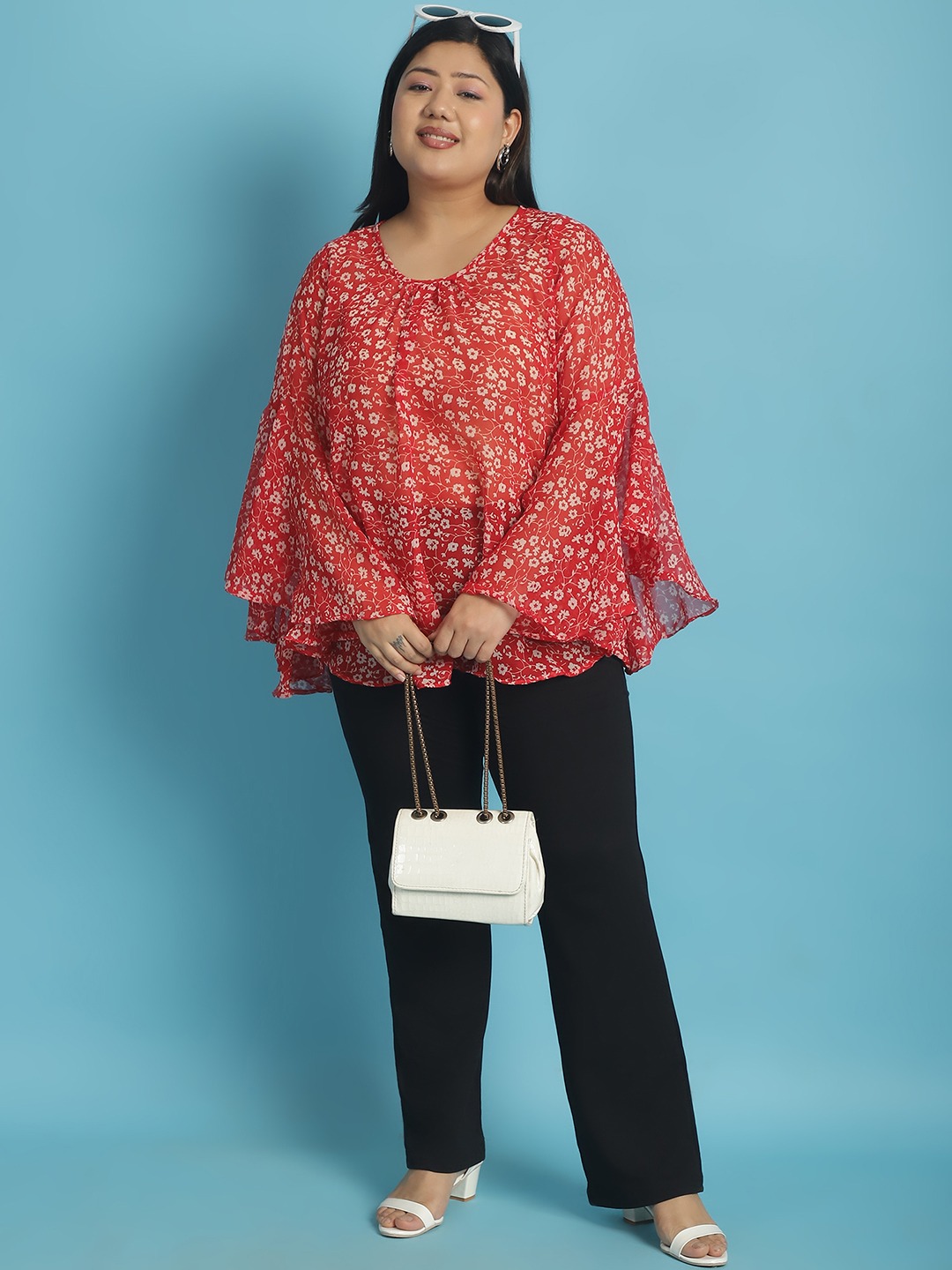 Women's Plus Size Red & White floral print Georgette Longline Top