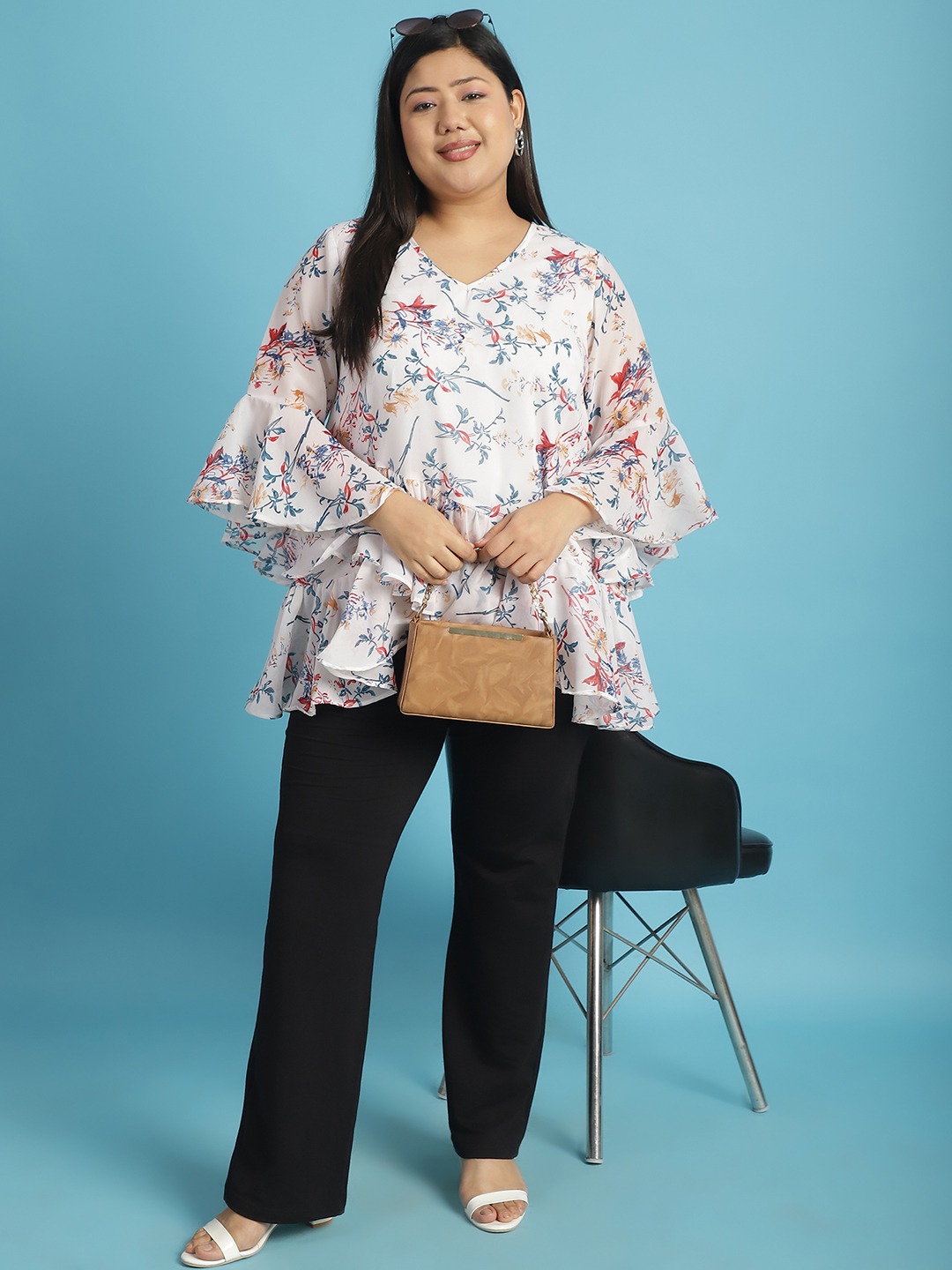 Women's Plus Size White Blue & Red Floral Printed Georgette Longline Wrap Top