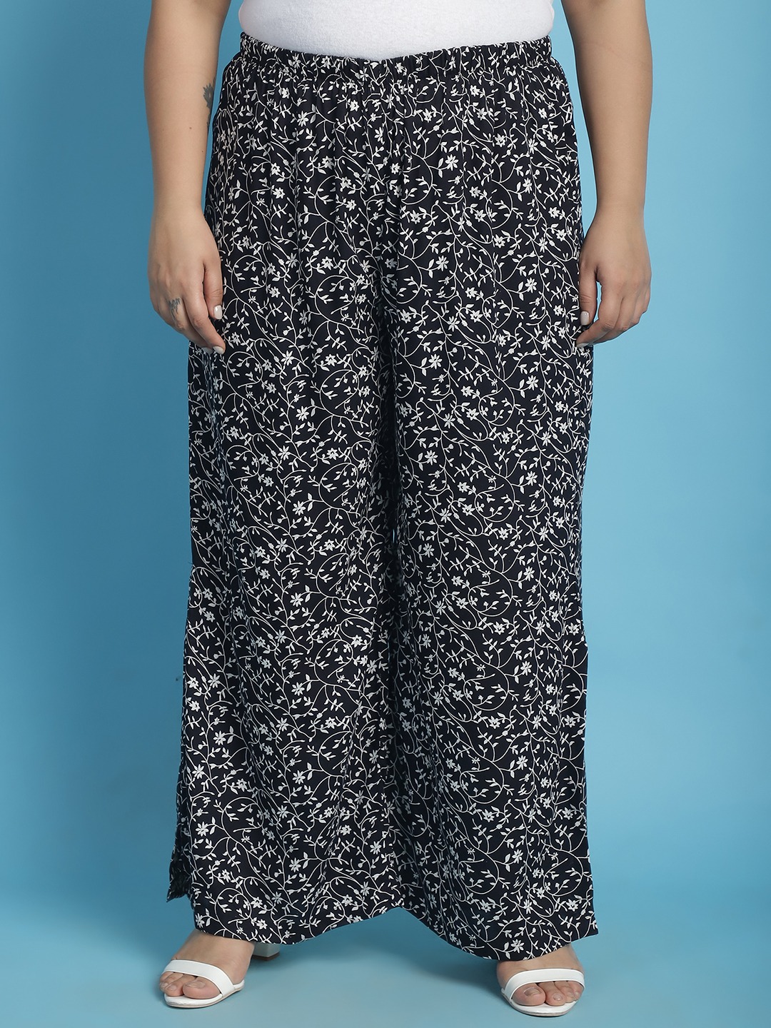Women's Plus Size Black and White floral printed Wide Leg Mid-Rise Palazzo