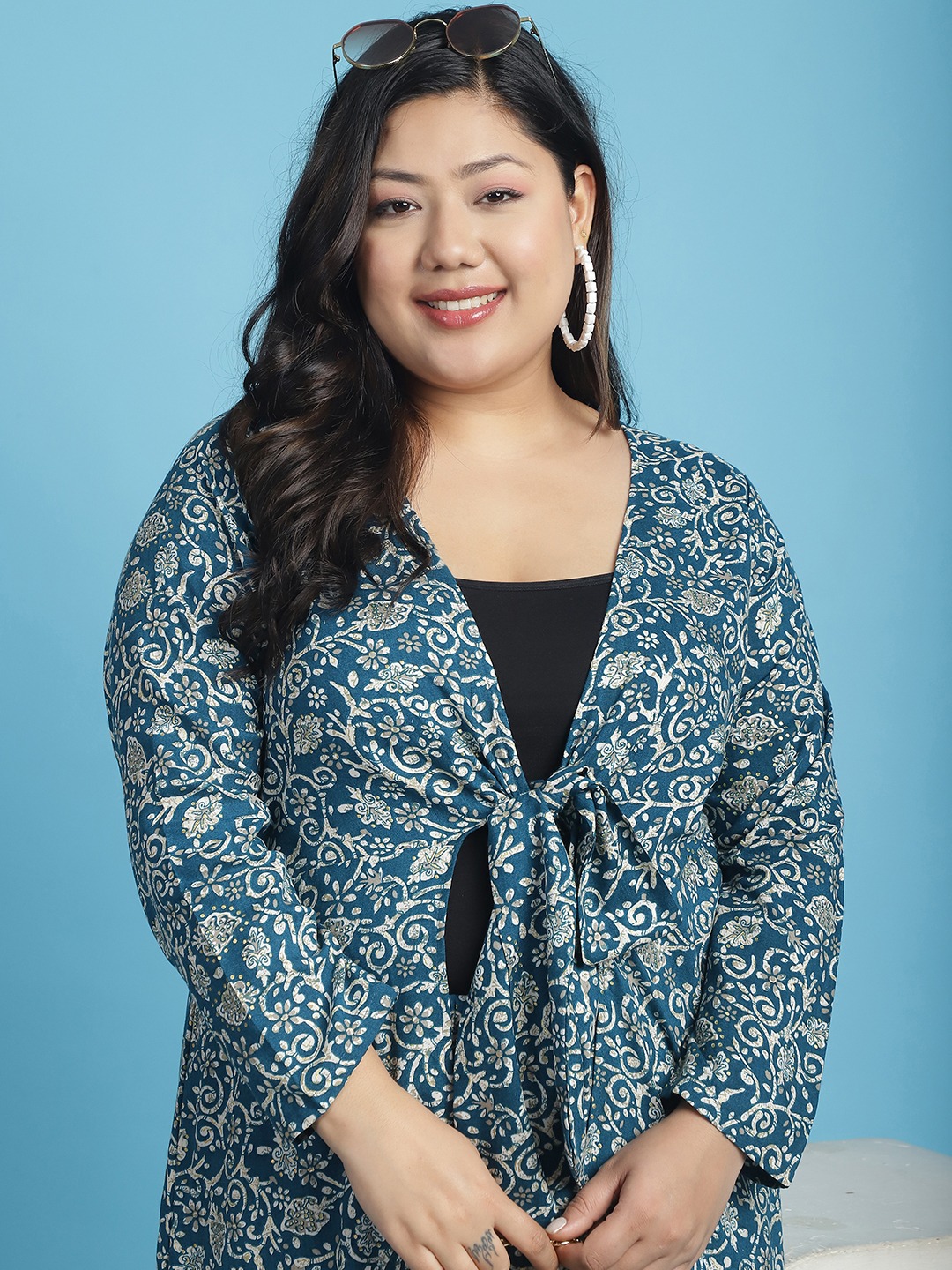 Women's Plus Size Teal floral batik printed tie-up Longline Shrug