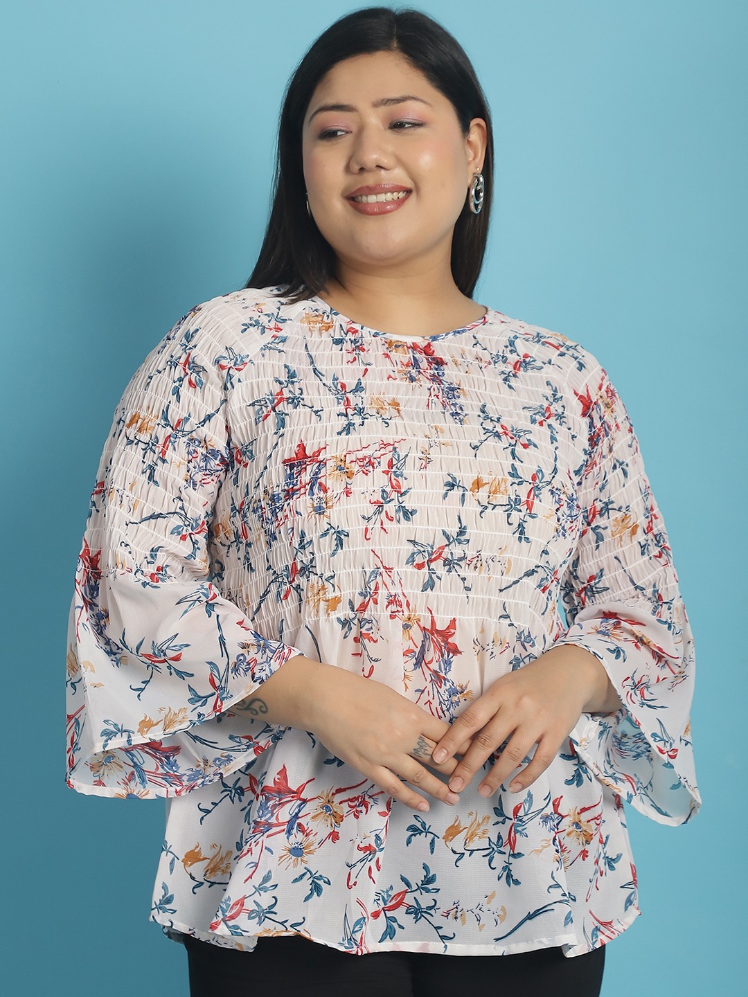 Women's Plus Size White Red and Blue floral print Georgette Semi Sheer Peplum Top