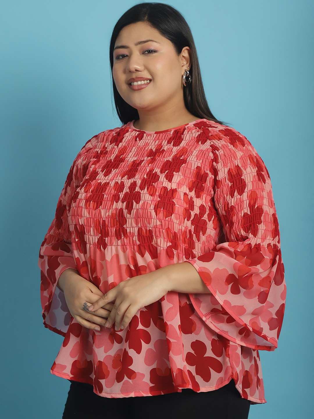 Women's Plus Size Pink Orange and Red floral print Georgette Semi Sheer Peplum Top