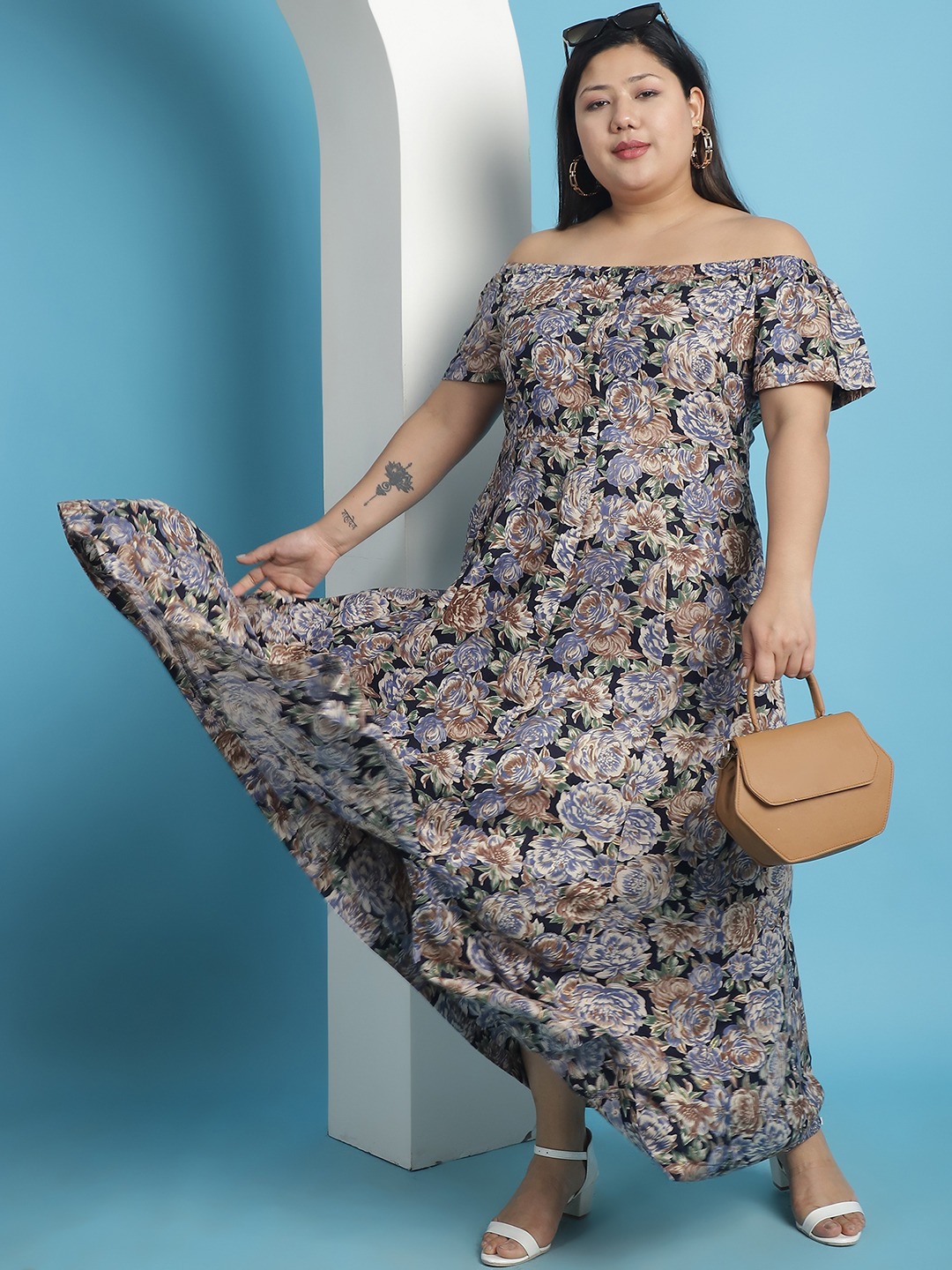 Women's Plus Size Navy Rose floral printed A-Line Maxi dress