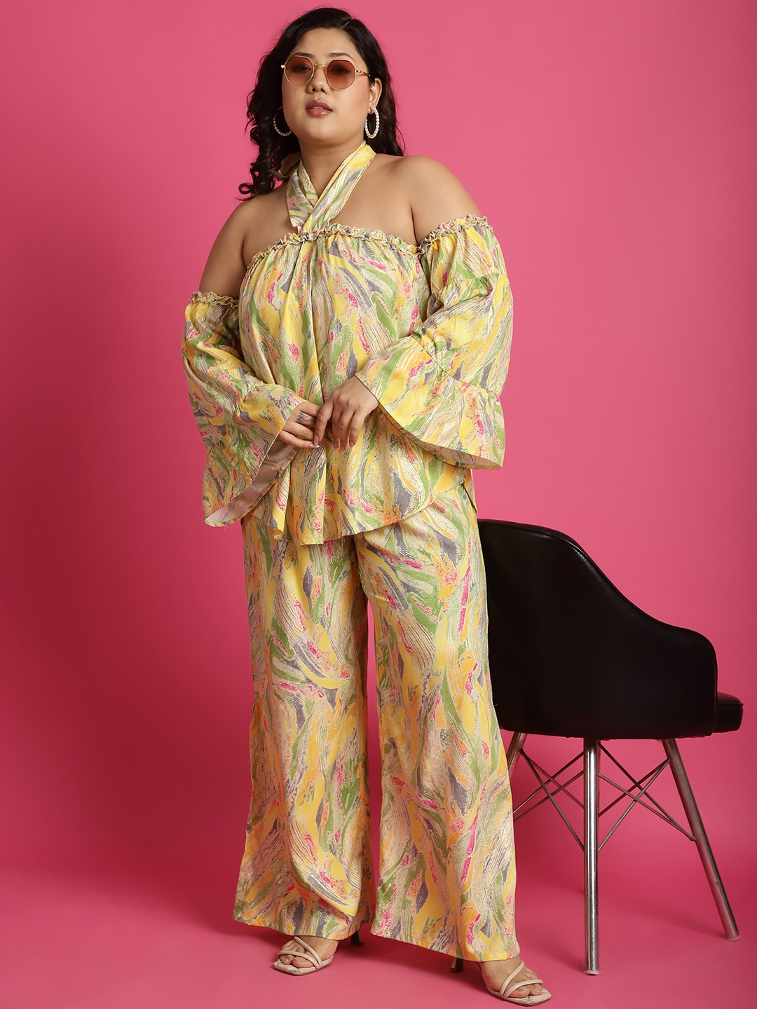 Women's Plus Size Yellow Gold Foil floral printed Top with Palazzo Set Top has a tie-up detail at back
