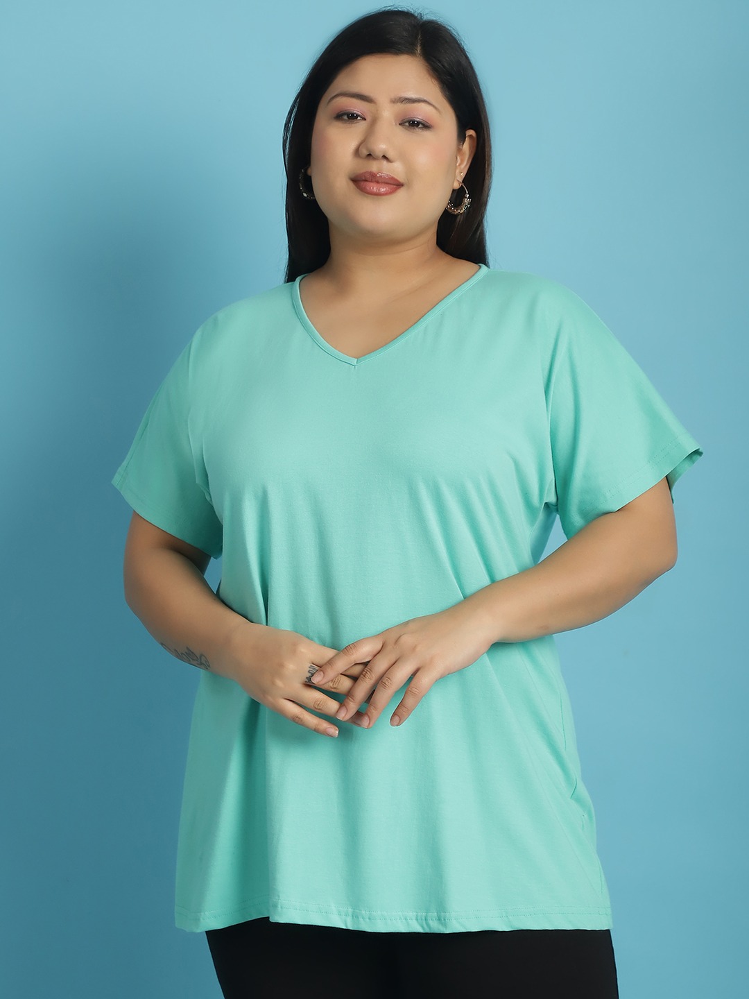 Women's Plus Size Sea Green solid color cotton knitted T-shirt