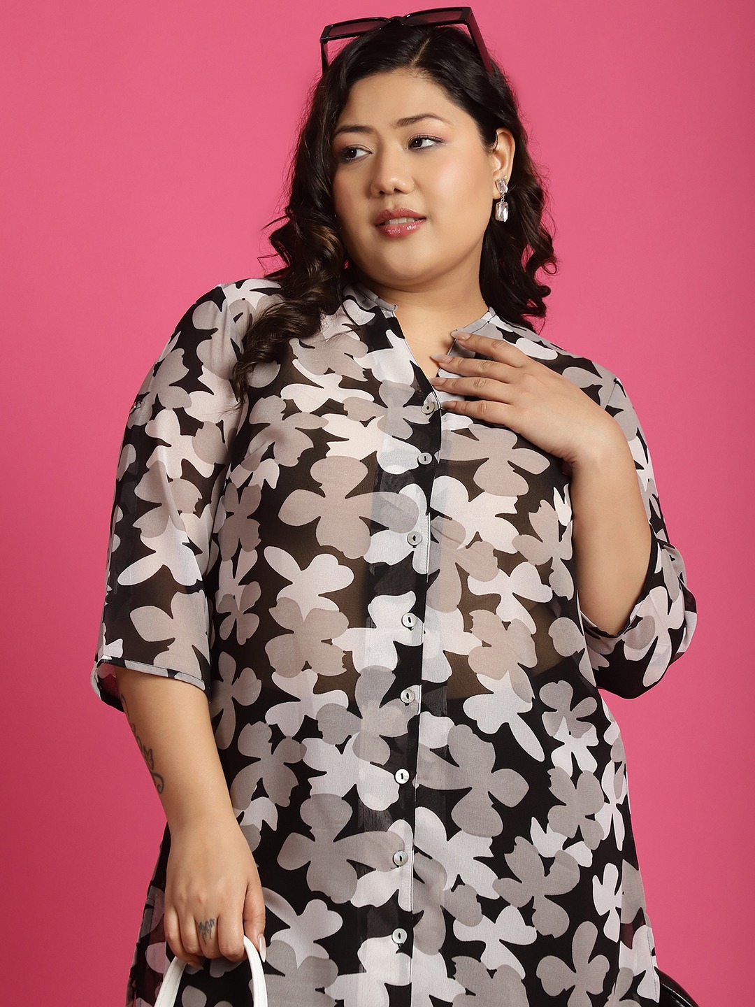 Women's Plus Size Black White & Grey floral print Longline Casual Shirt