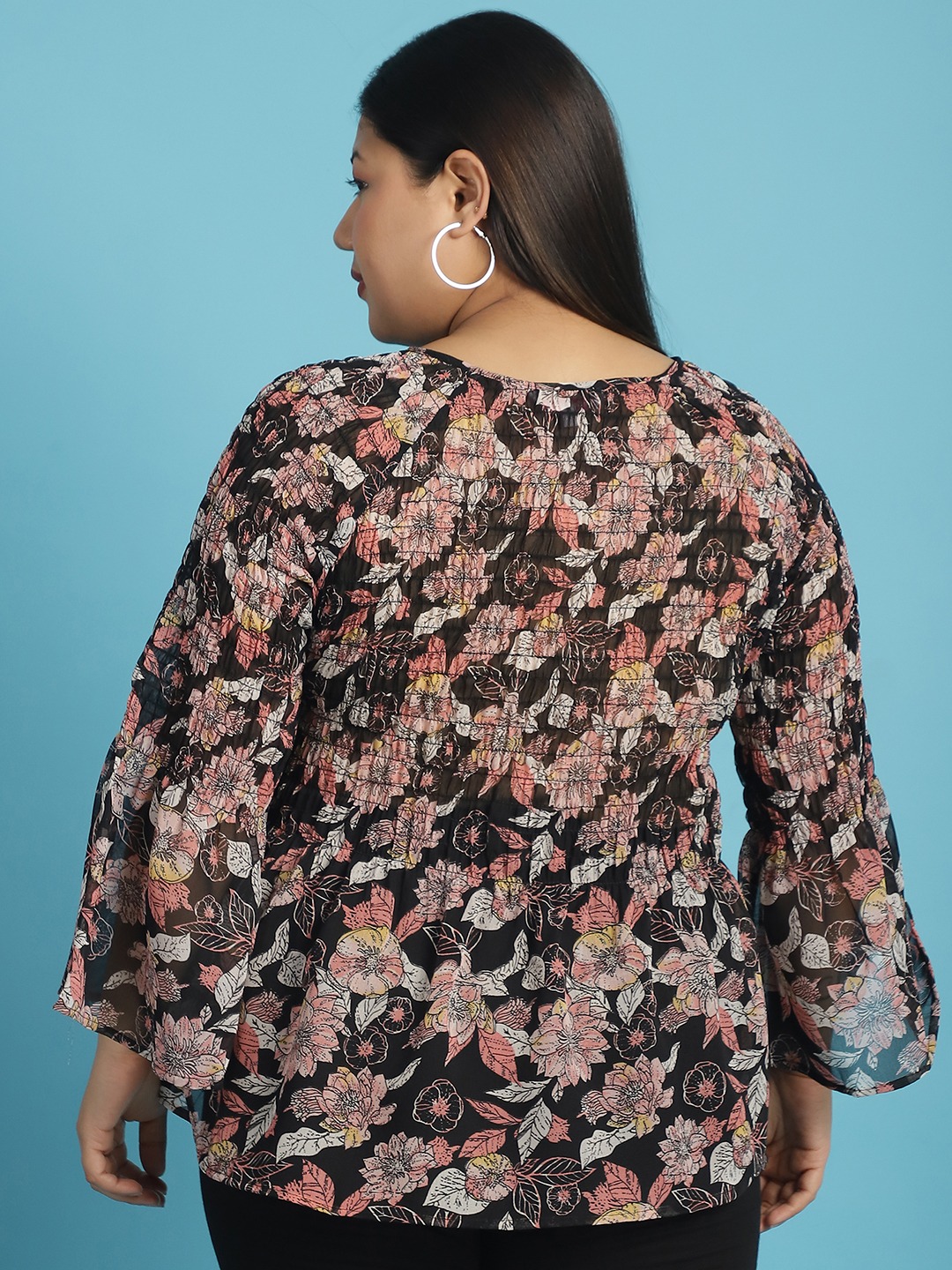 Women's Plus Size Black White and Pink floral print Georgette Semi Sheer Peplum Top