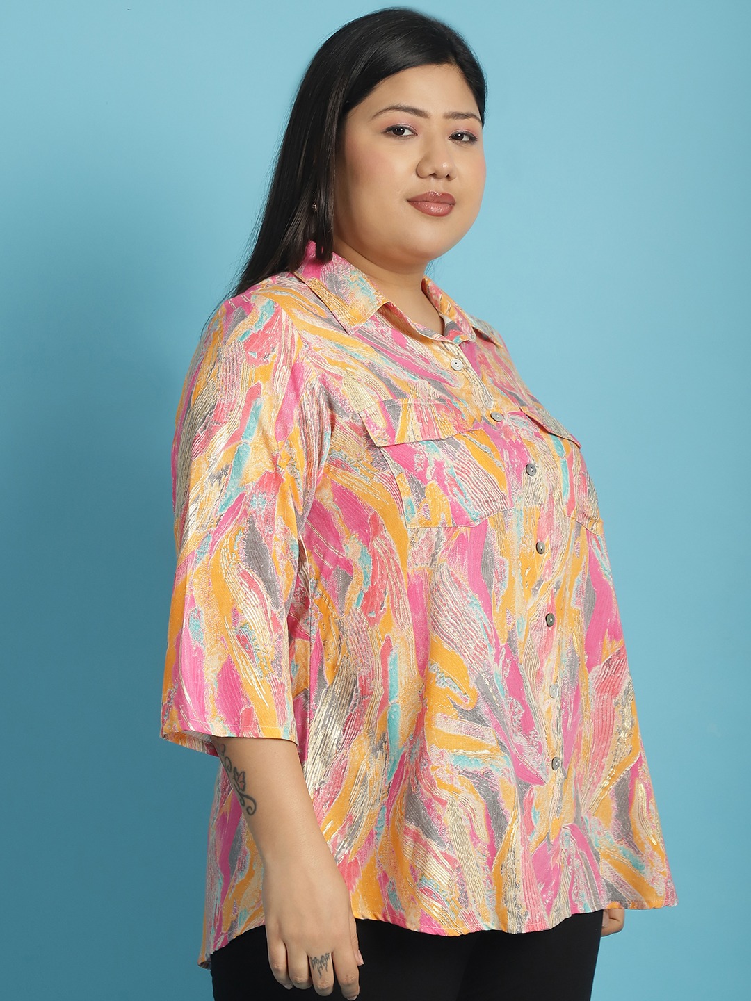 Women's Plus Size Pink Gold Foil Floral abstract printed casual shirt