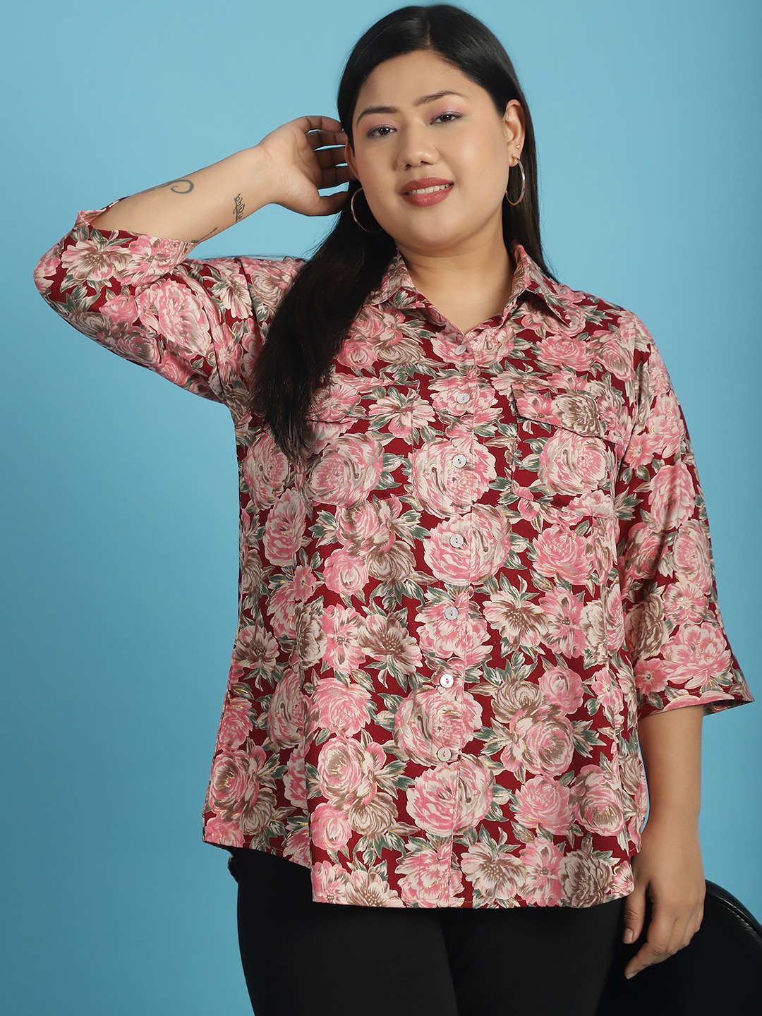 Women's Plus Size Maroon Rose Floral abstract printed casual shirt