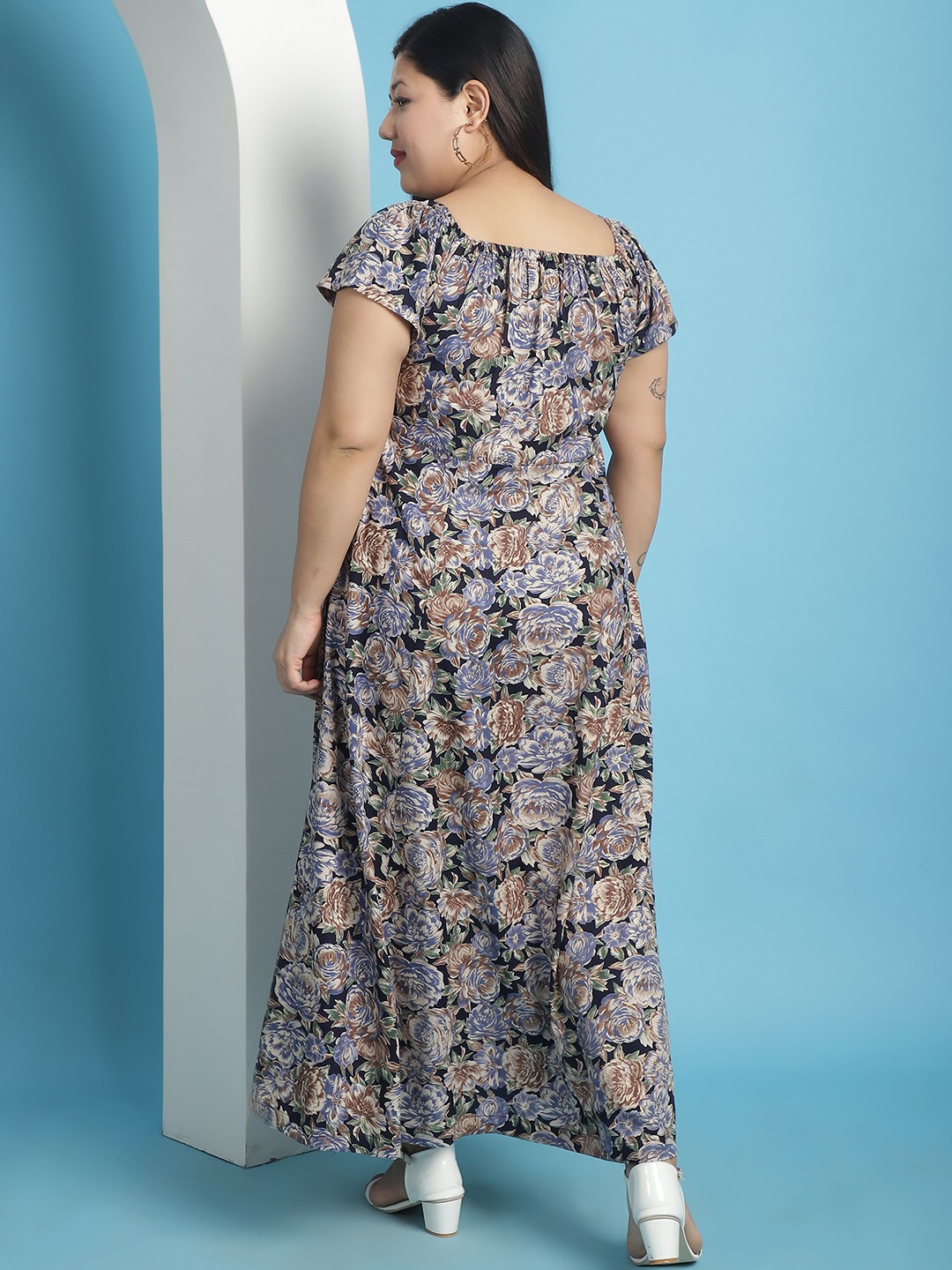 Women's Plus Size Navy Rose floral printed A-Line Maxi dress