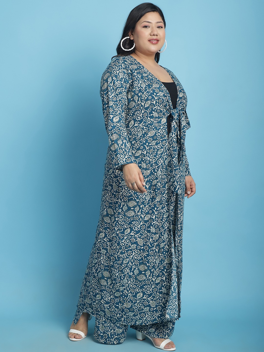 Women's Plus Size Teal floral batik printed tie-up Longline Shrug