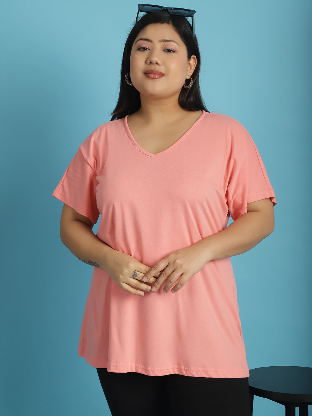 Women's Plus Size Dark Peach solid color cotton knitted T-shirt