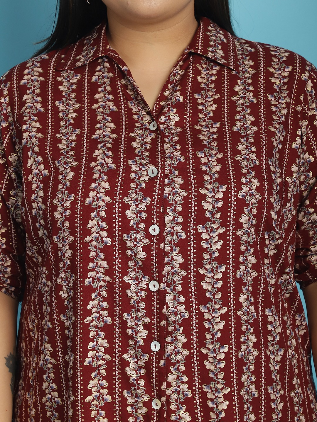 Women's Plus Size Maroon Gold floral printed Shirt With Capri