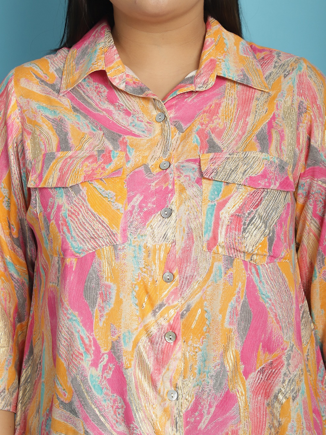 Women's Plus Size Pink Gold Foil Floral abstract printed casual shirt