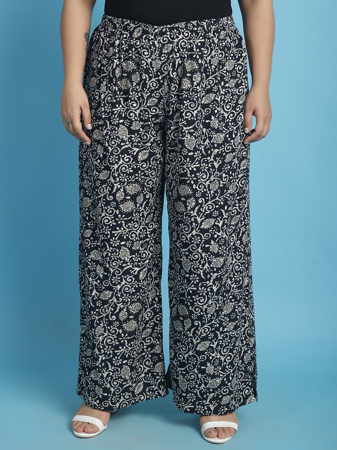 Women's Plus Size Black floral batik printed Wide Leg Mid-Rise Palazzo