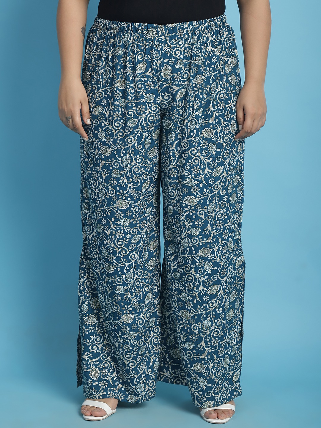 Women's Plus Size Teal floral batik printed Wide Leg Mid-Rise Palazzo