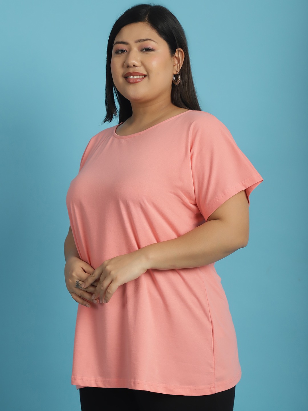 Women's Plus Size Dark Peach solid color cotton knitted T-shirt