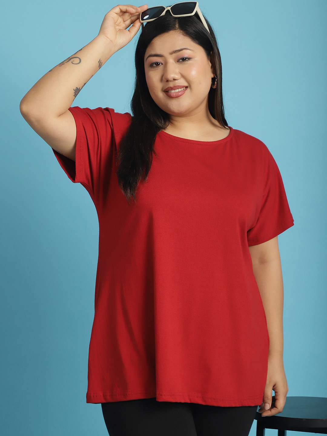 Women's Plus Size Maroon solid color cotton knitted T-shirt