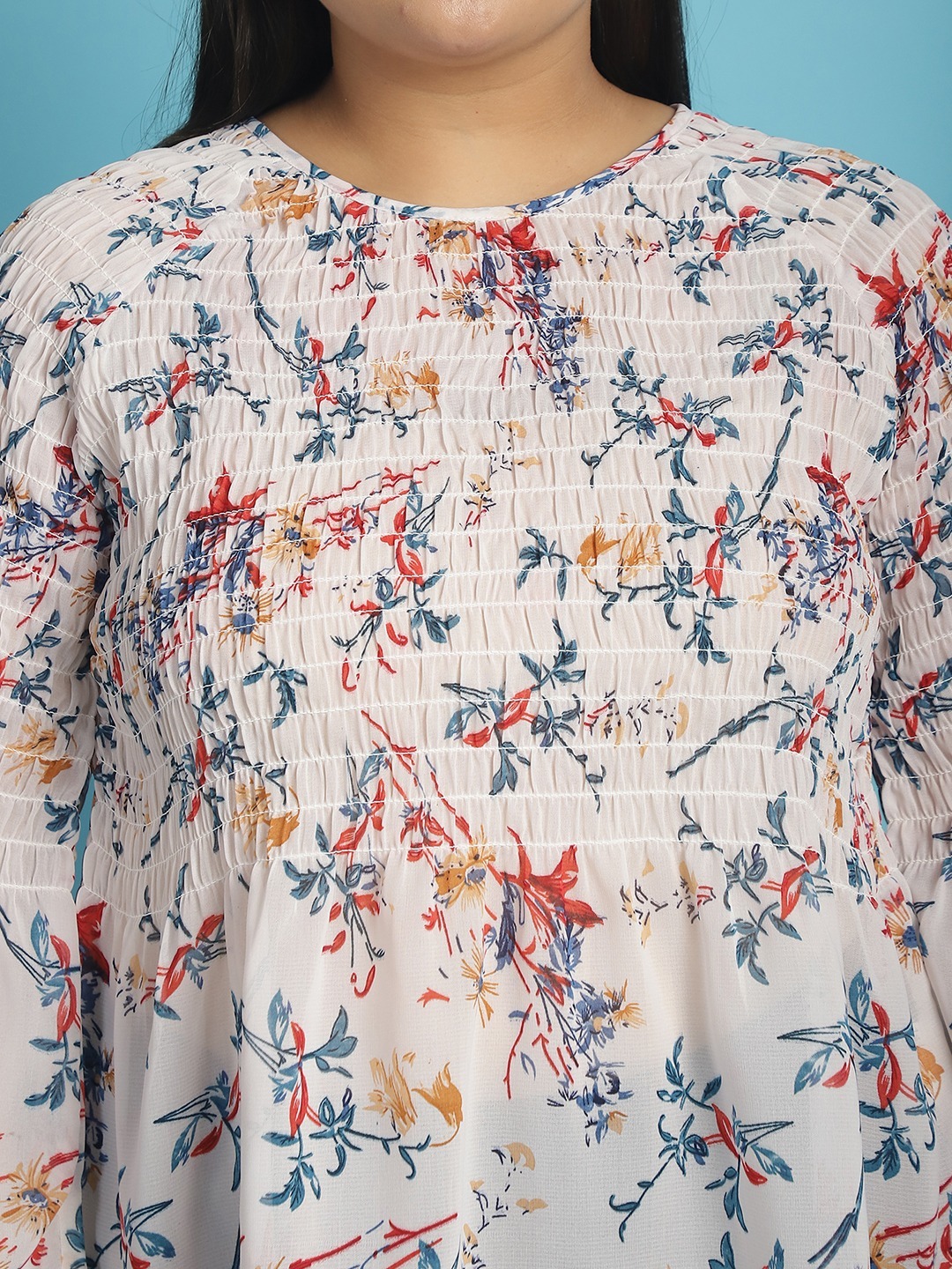 Women's Plus Size White Red and Blue floral print Georgette Semi Sheer Peplum Top