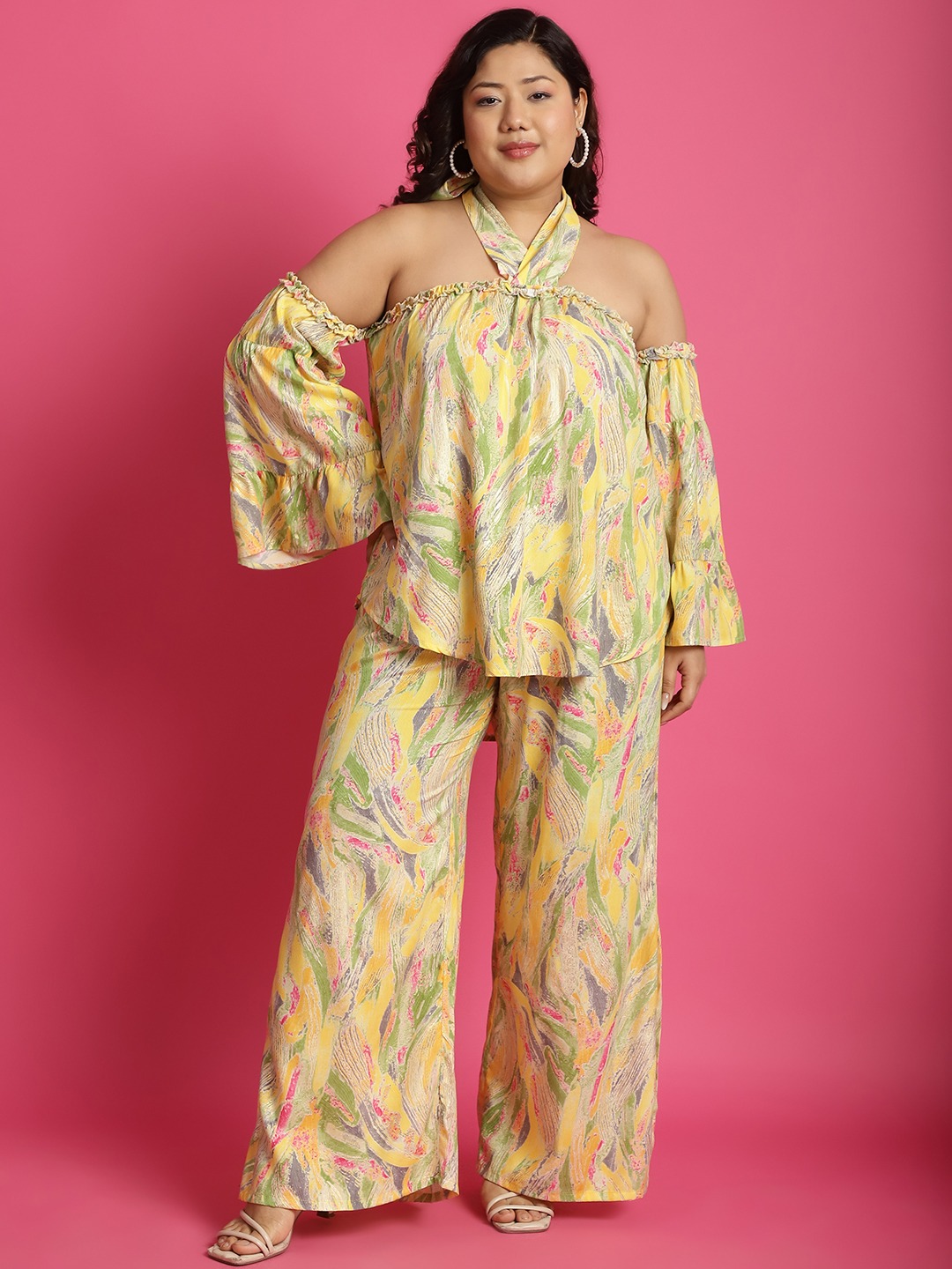 Women's Plus Size Yellow Gold Foil floral printed Top with Palazzo Set Top has a tie-up detail at back
