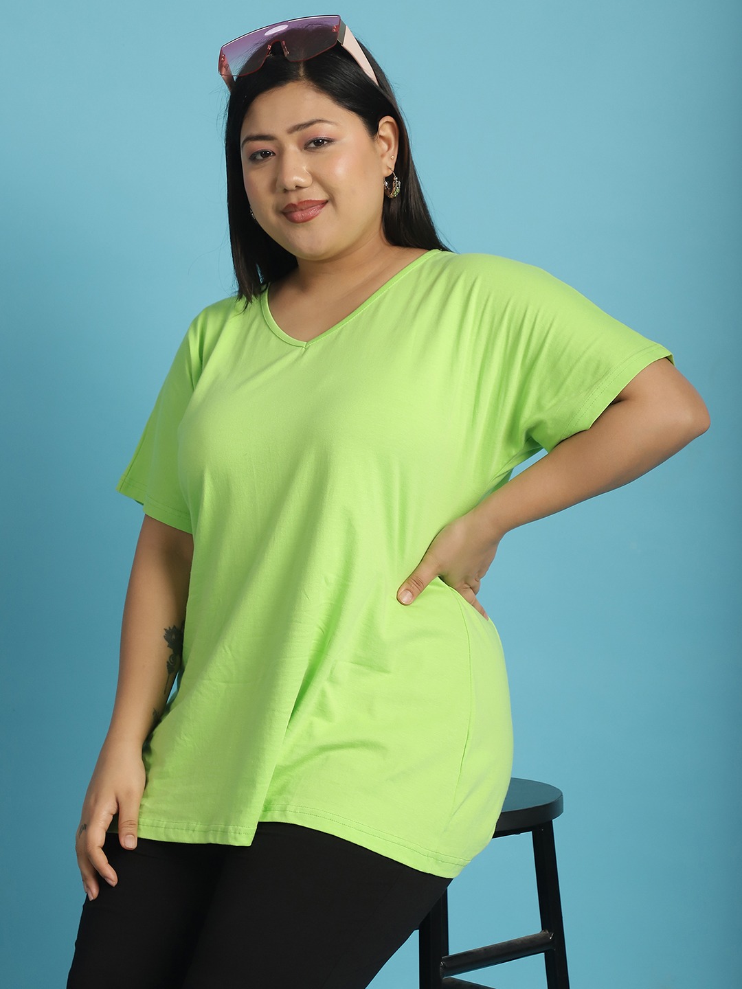 Women's Plus Size Bright Green solid color cotton knitted T-shirt
