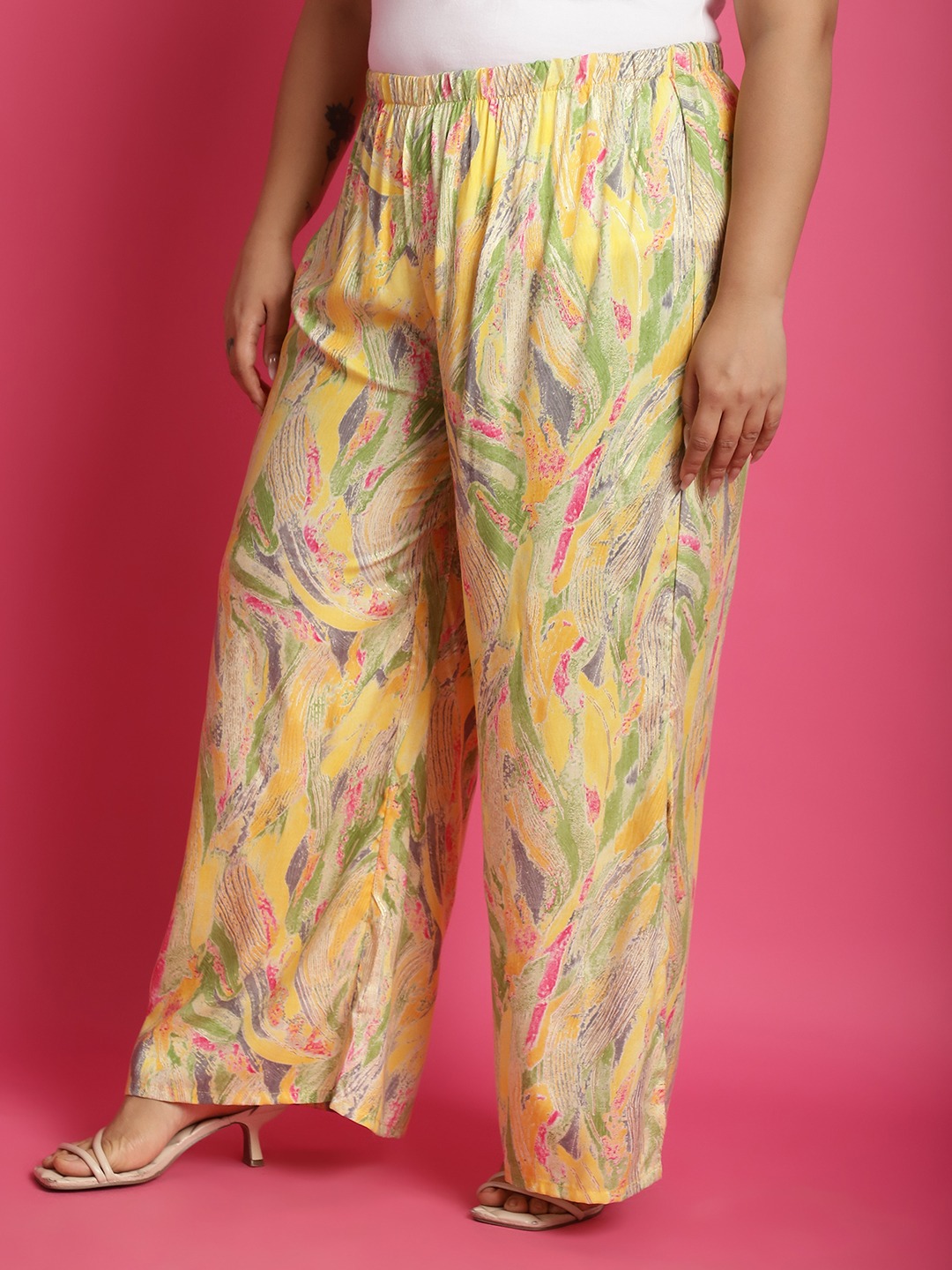 Women's Plus Size Yellow Gold Foil printed Wide Leg Mid-Rise Palazzo
