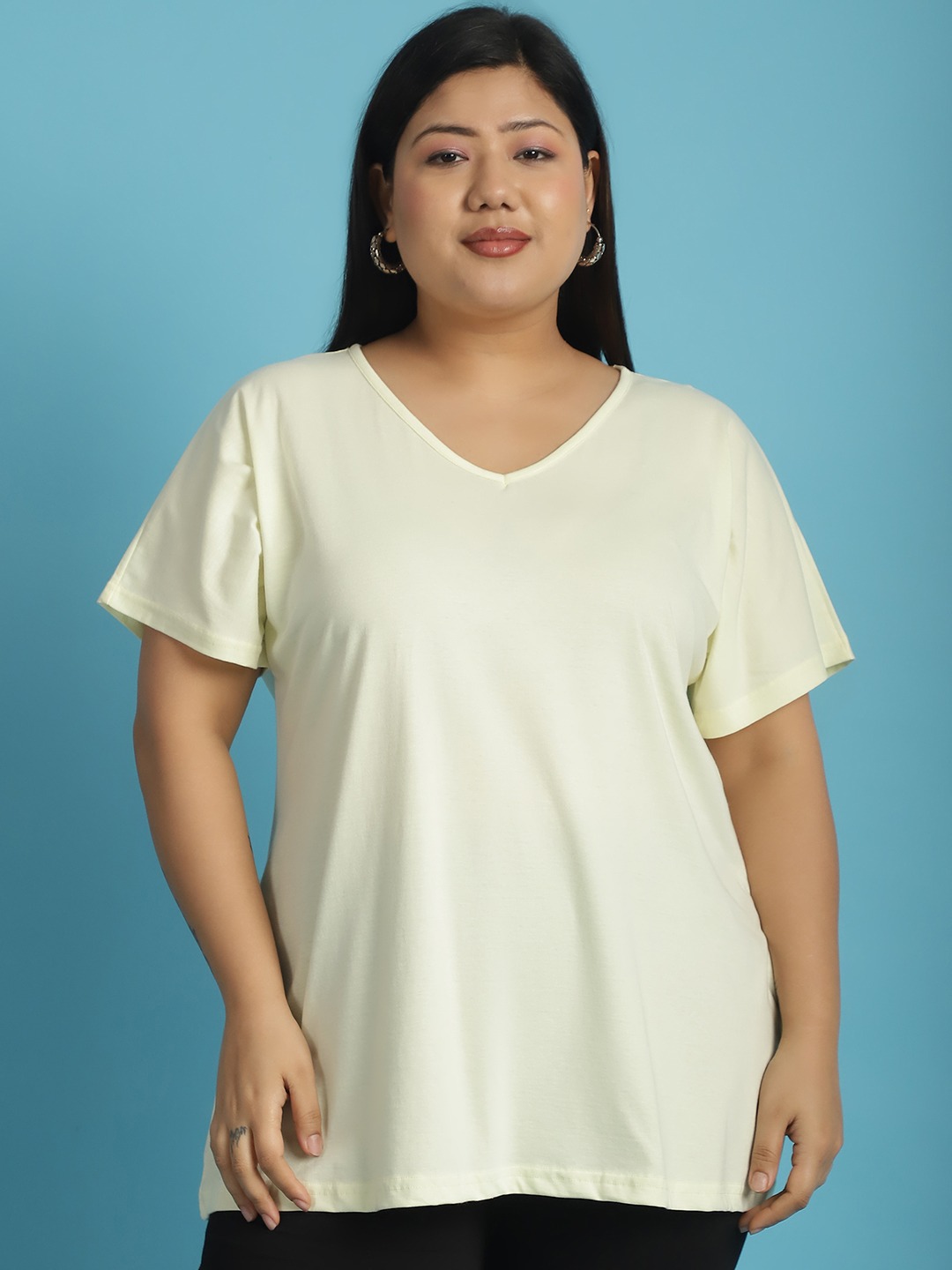 Women's Plus Size Pale Yellow solid color cotton knitted T-shirt