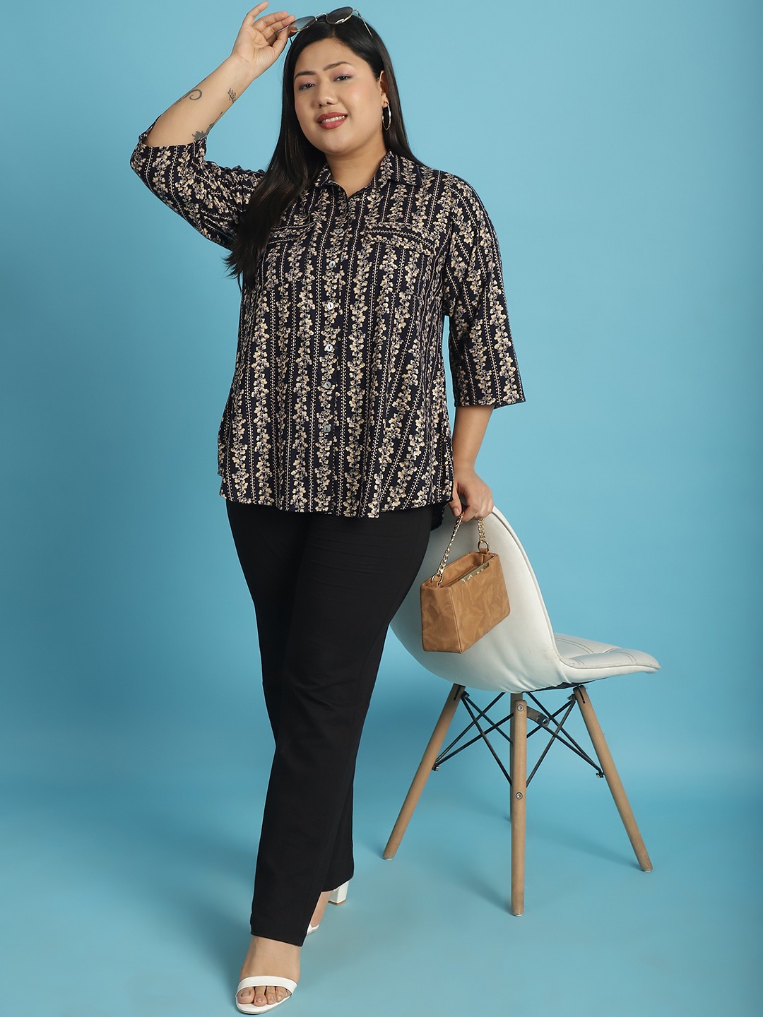 Women's Plus Size Navy Gold Floral abstract printed casual shirt