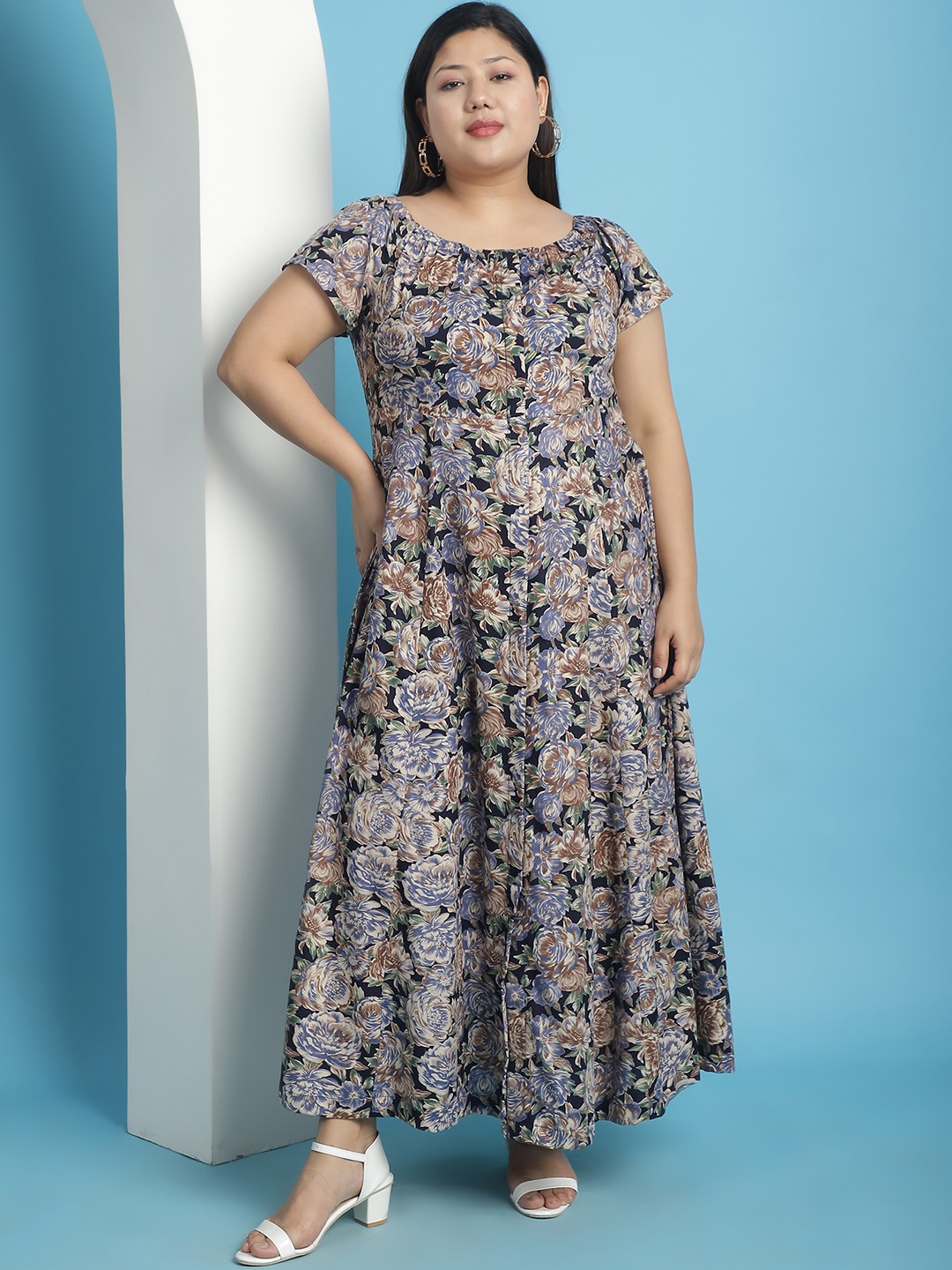 Women's Plus Size Navy Rose floral printed A-Line Maxi dress