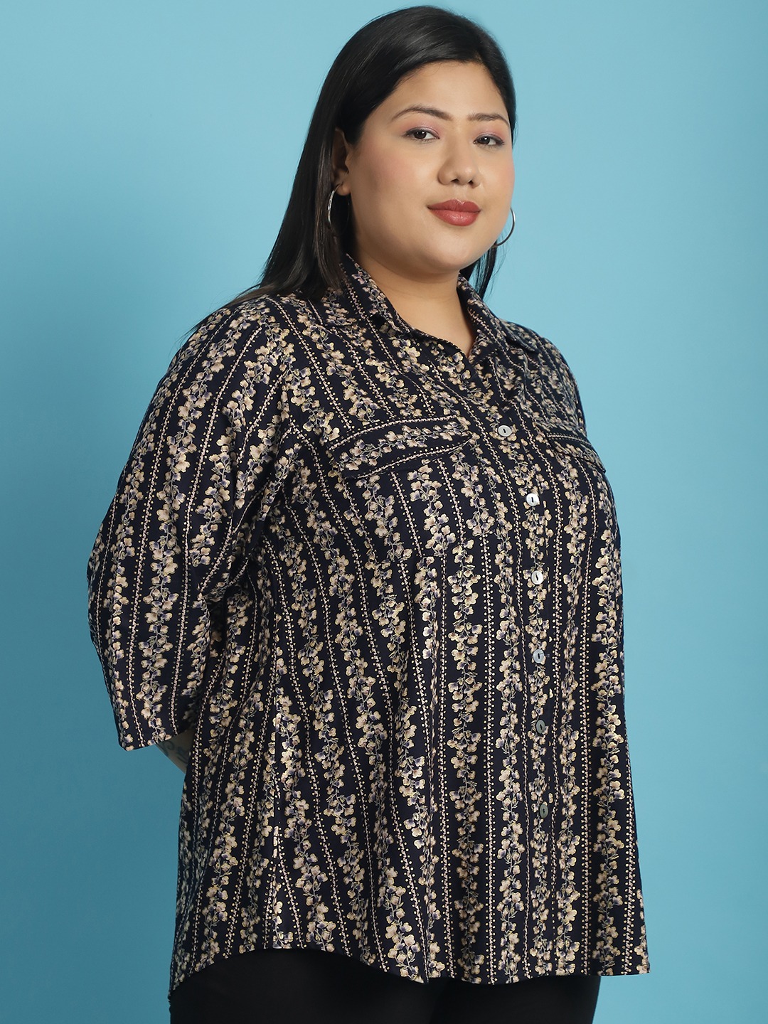 Women's Plus Size Navy Gold Floral abstract printed casual shirt