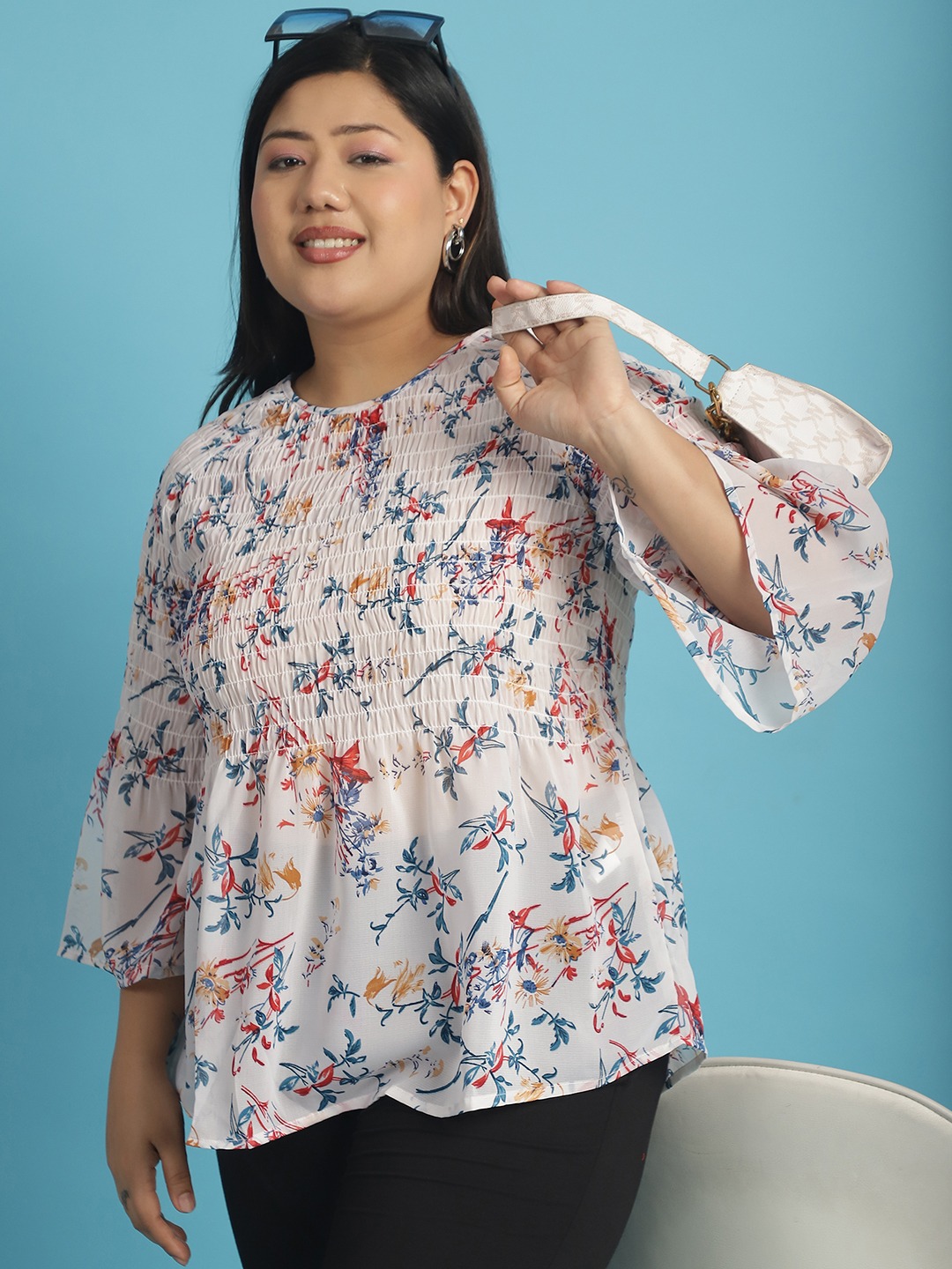 Women's Plus Size White Red and Blue floral print Georgette Semi Sheer Peplum Top