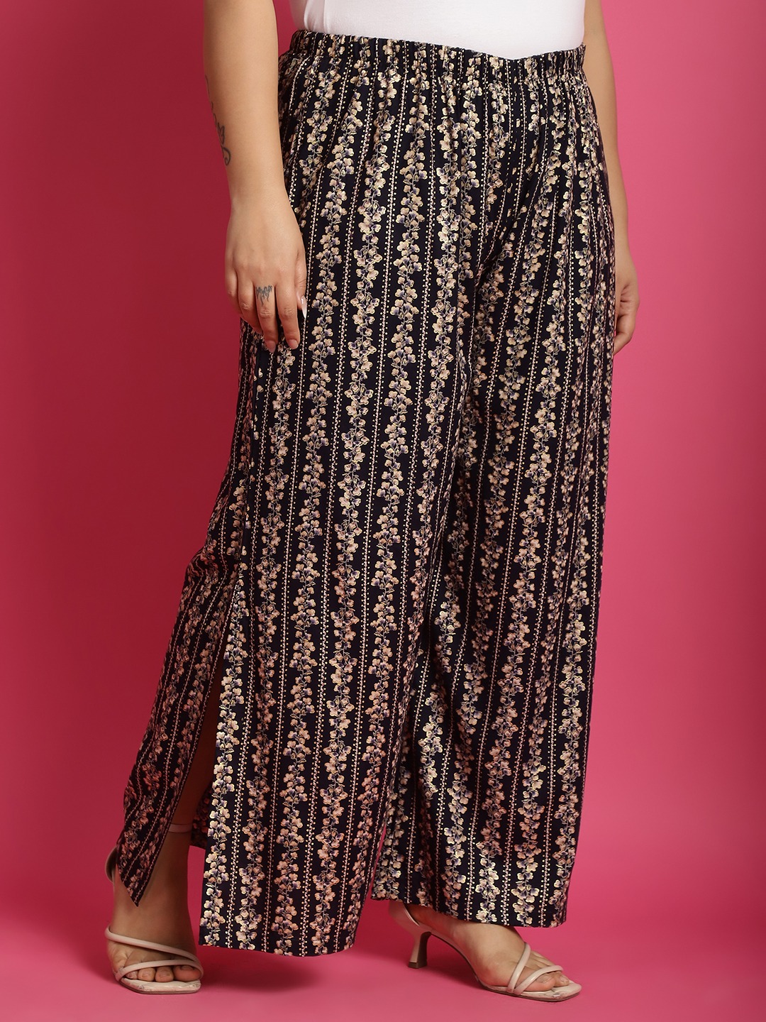 Women's Plus Size Navy Gold floral printed Wide Leg Mid-Rise Palazzo