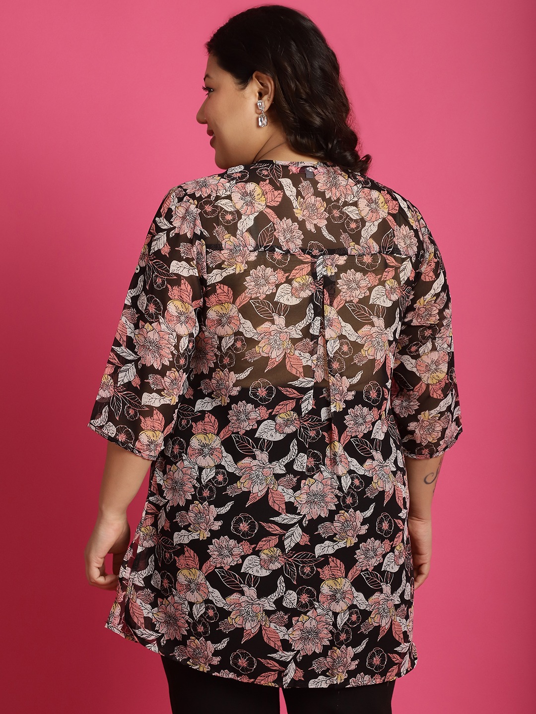 Women's Plus Size Black White & Pink floral print Longline Casual Shirt