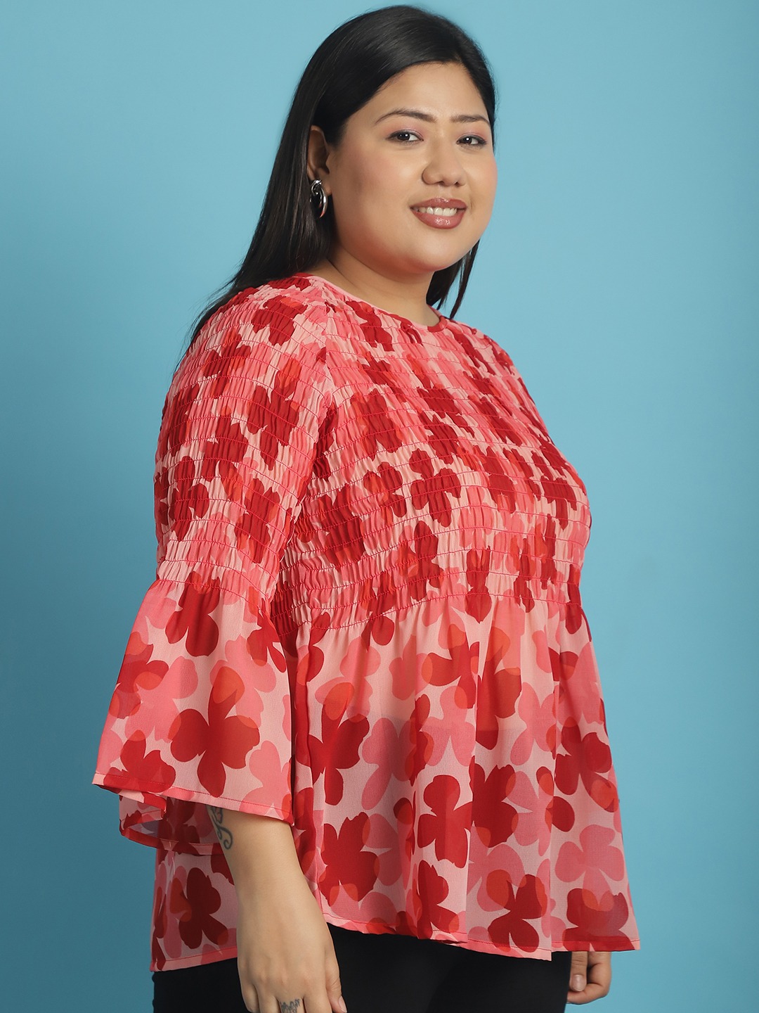 Women's Plus Size Pink Orange and Red floral print Georgette Semi Sheer Peplum Top