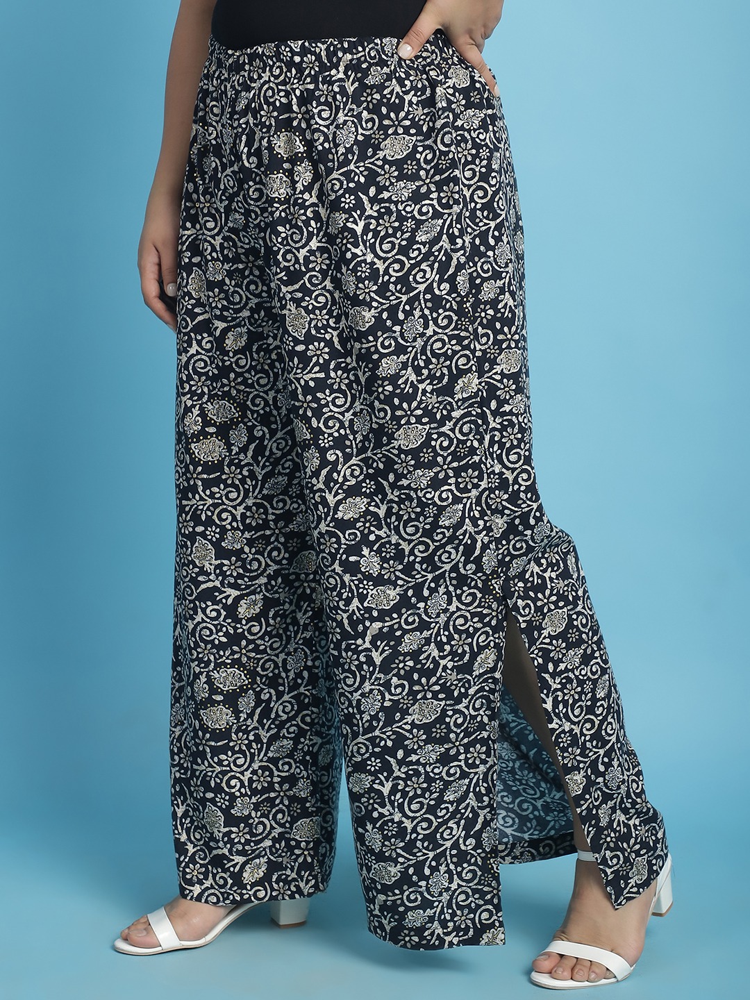 Women's Plus Size Black floral batik printed Wide Leg Mid-Rise Palazzo