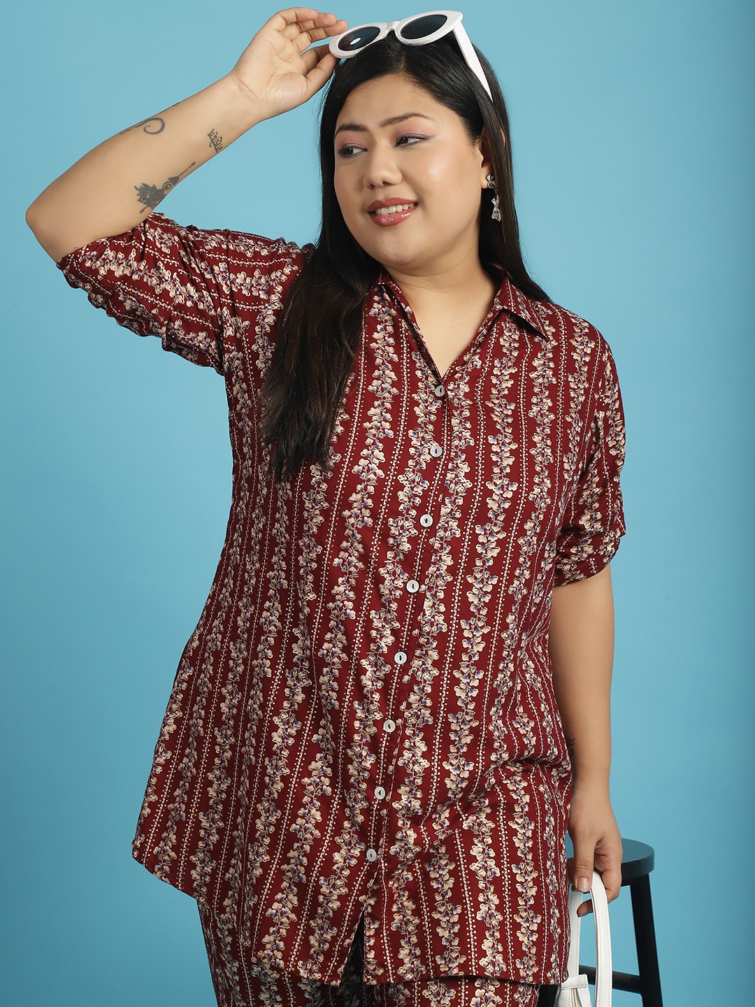 Women's Plus Size Maroon Gold floral printed Shirt With Capri