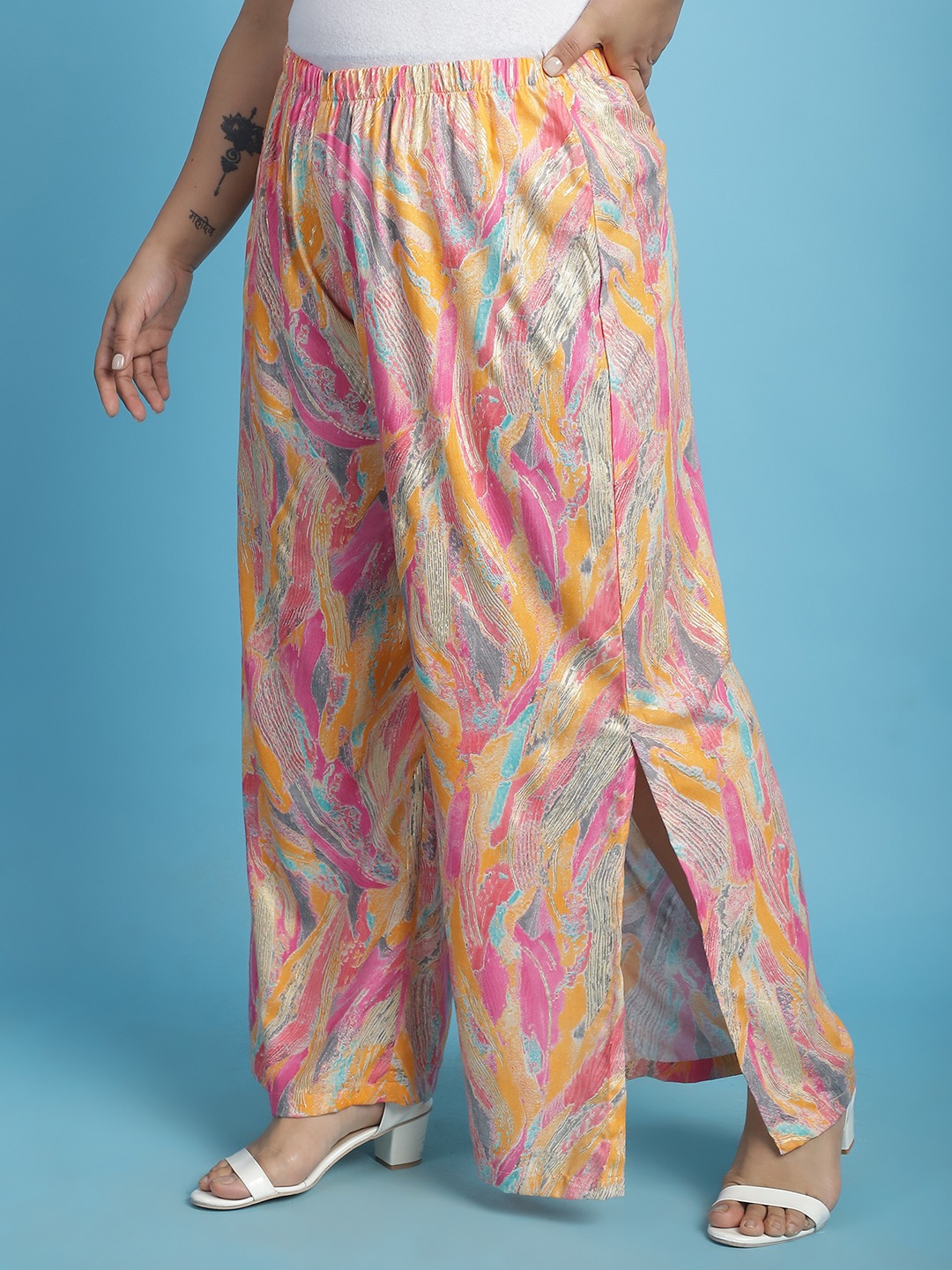 Women's Plus Size Pink Gold Foil printed Wide Leg Mid-Rise Palazzo