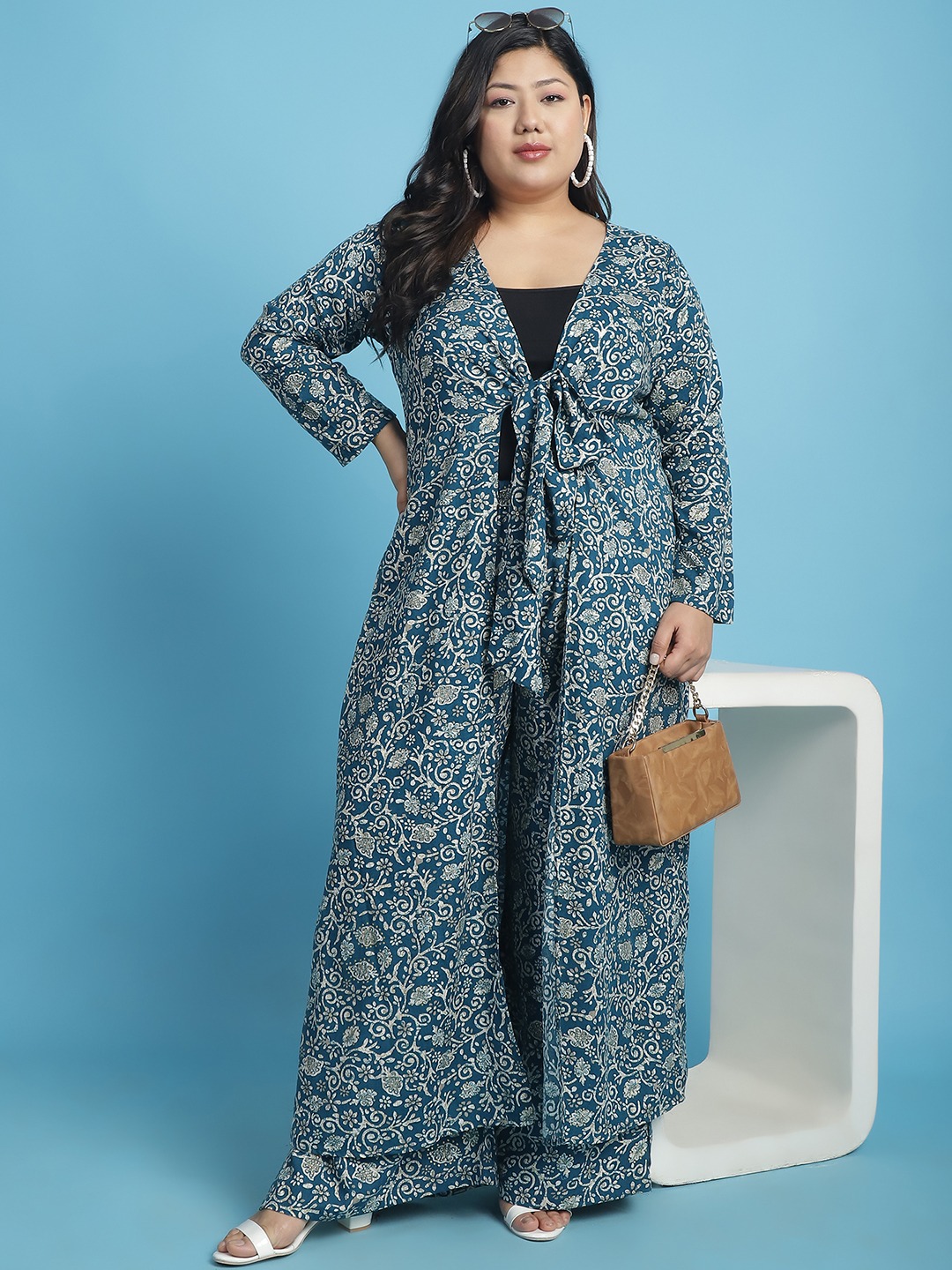 Women's Plus Size Teal floral batik printed tie-up Longline Shrug