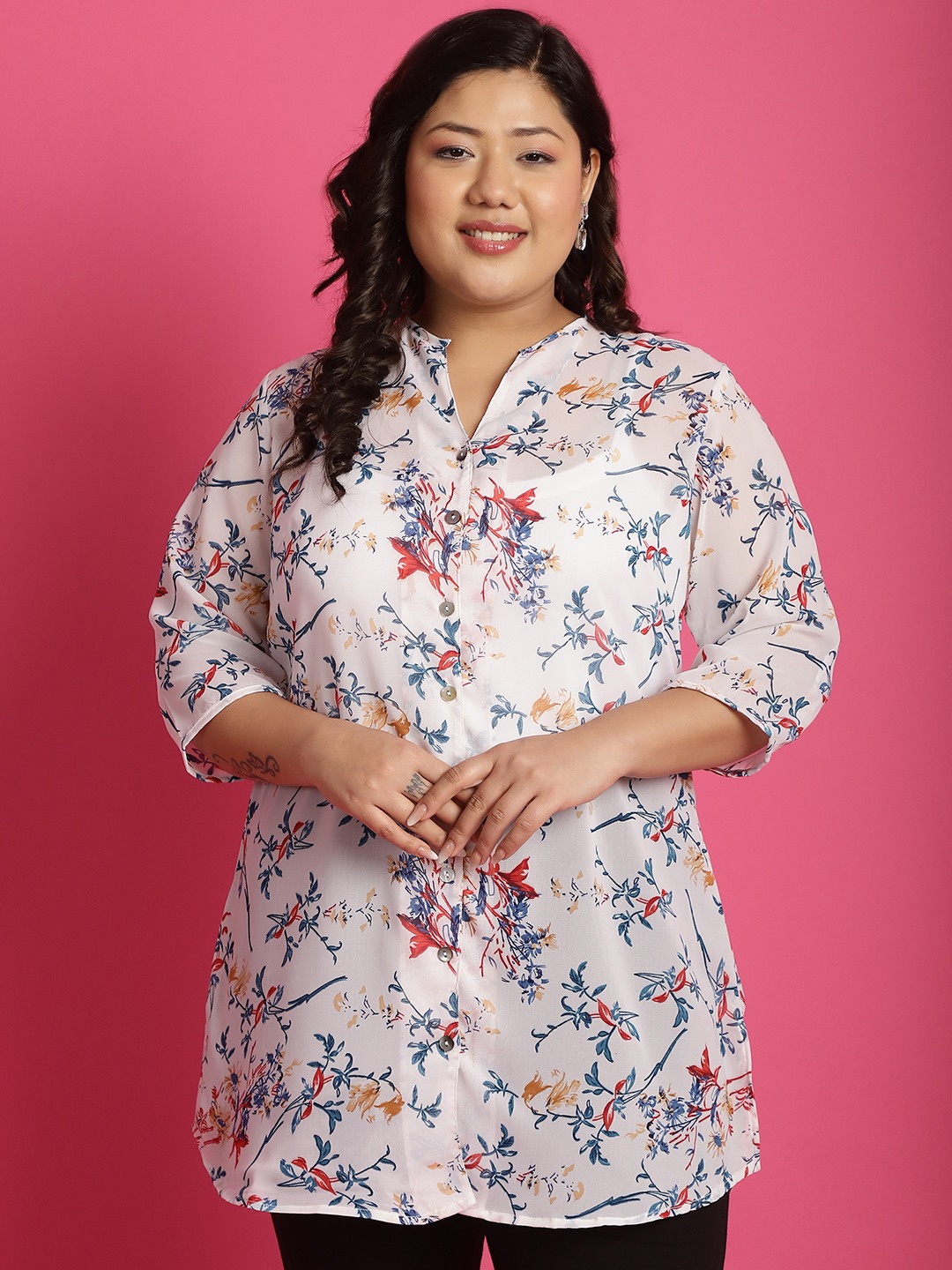 Women's Plus Size White Red & Blue floral print Longline Casual Shirt