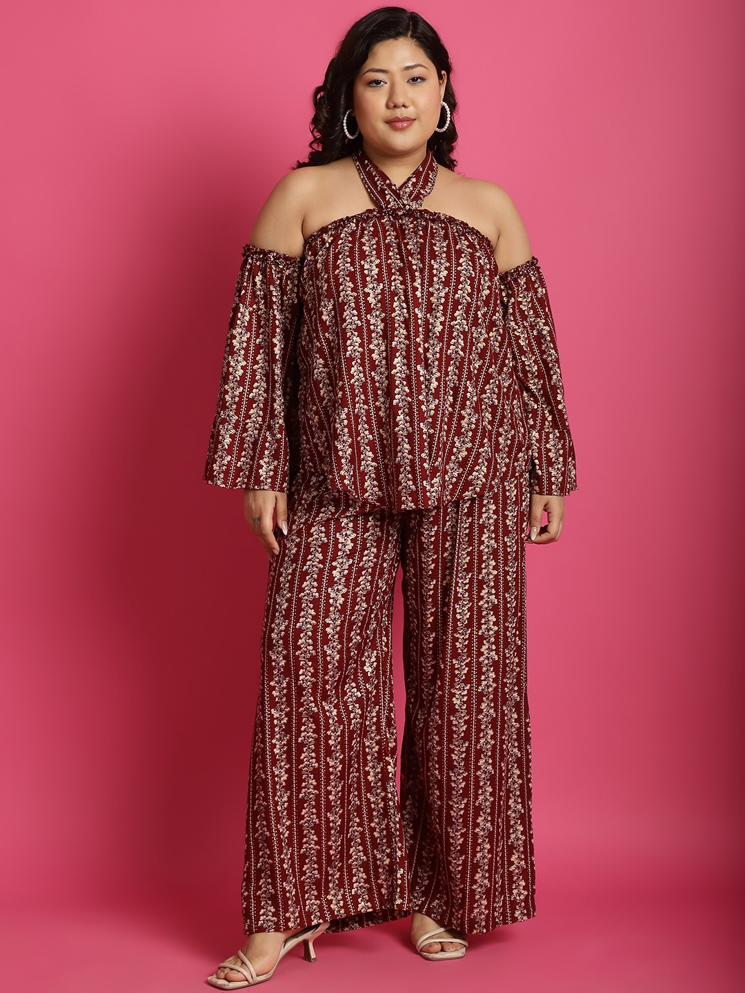 Women's Plus Size Maroon Gold floral printed Top with Palazzo Set Top has a tie-up detail at back