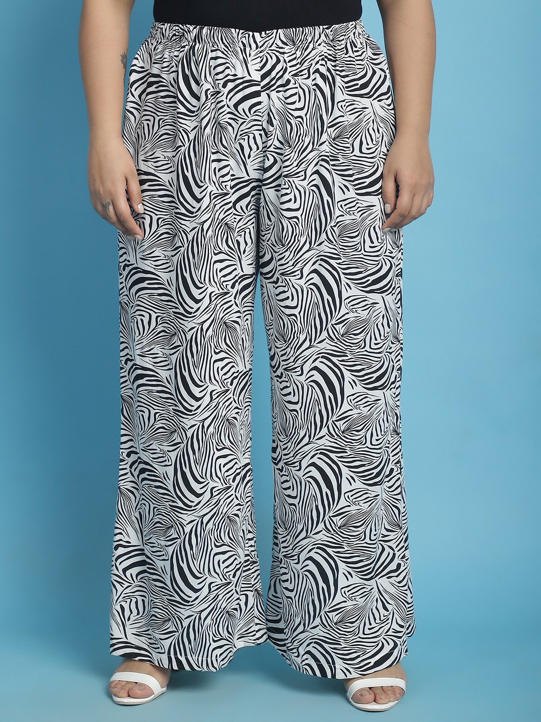 Women's Plus Size Black & White Zebra printed Wide Leg Mid-Rise Palazzo