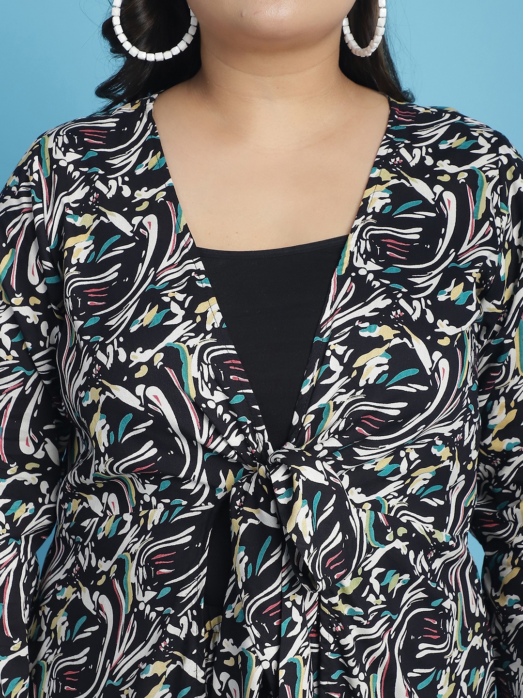 Women's Plus Size Black abstract printed Tie-Up Longline Shrug