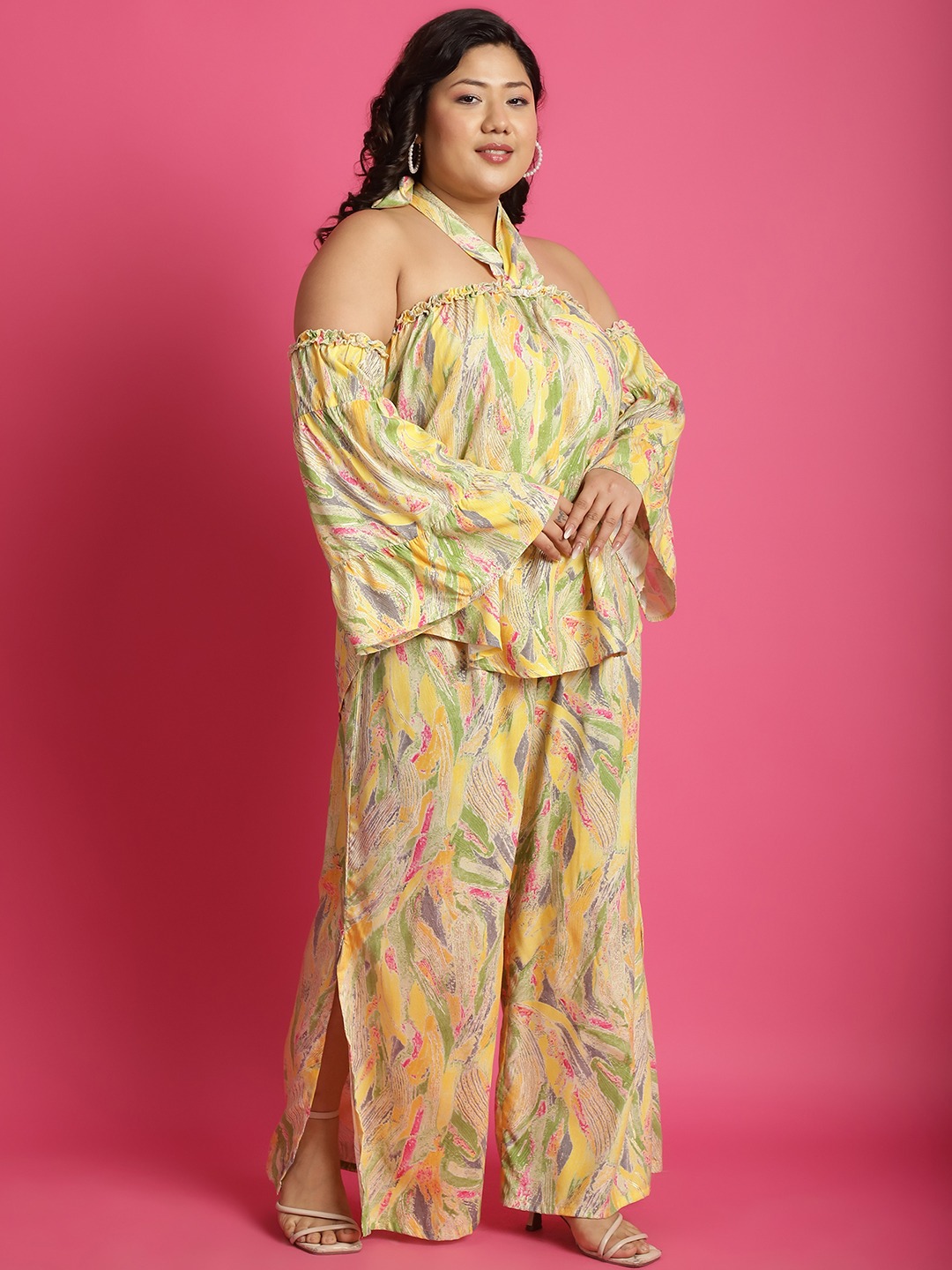 Women's Plus Size Yellow Gold Foil floral printed Top with Palazzo Set Top has a tie-up detail at back