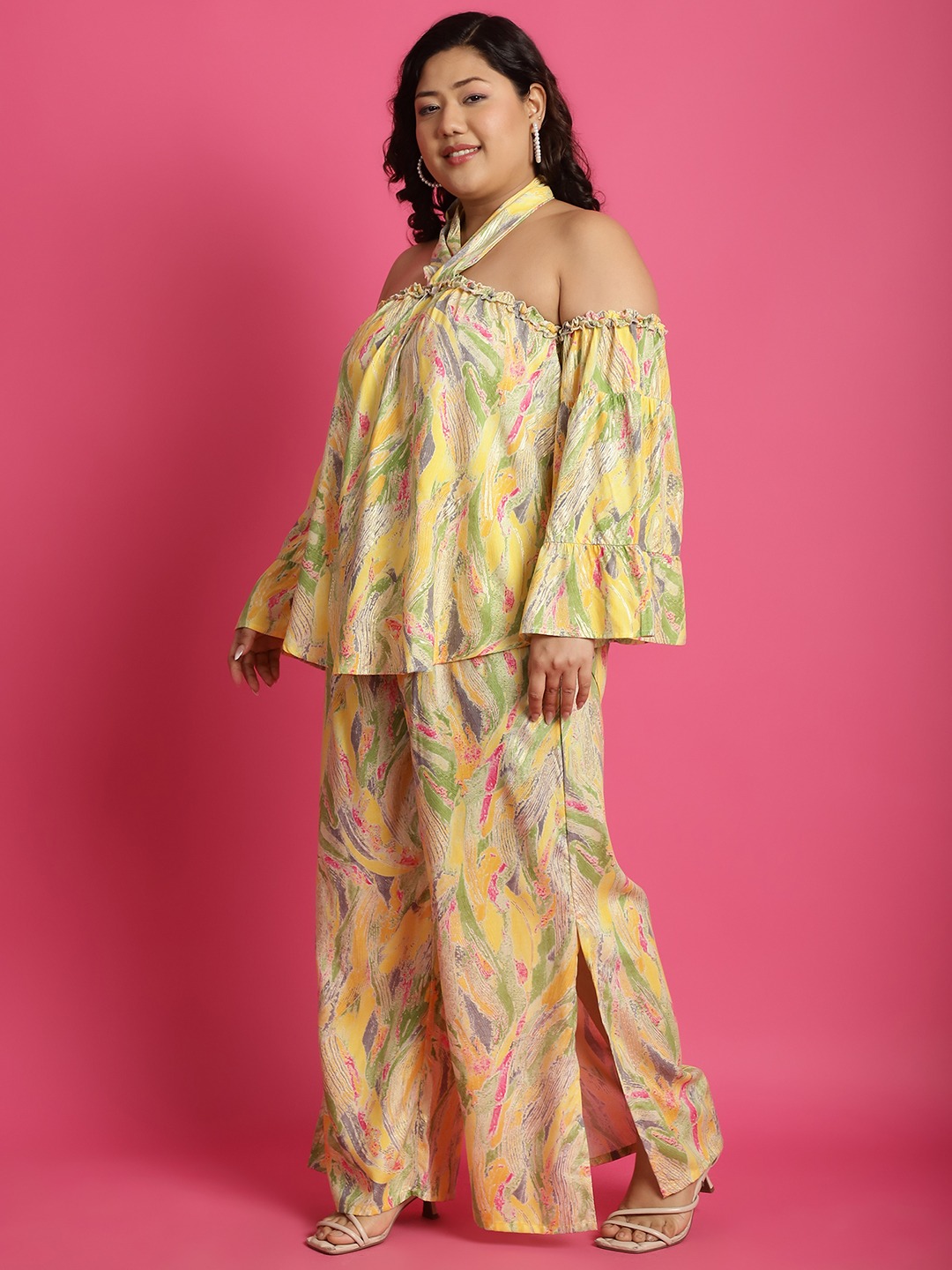 Women's Plus Size Yellow Gold Foil floral printed Top with Palazzo Set Top has a tie-up detail at back