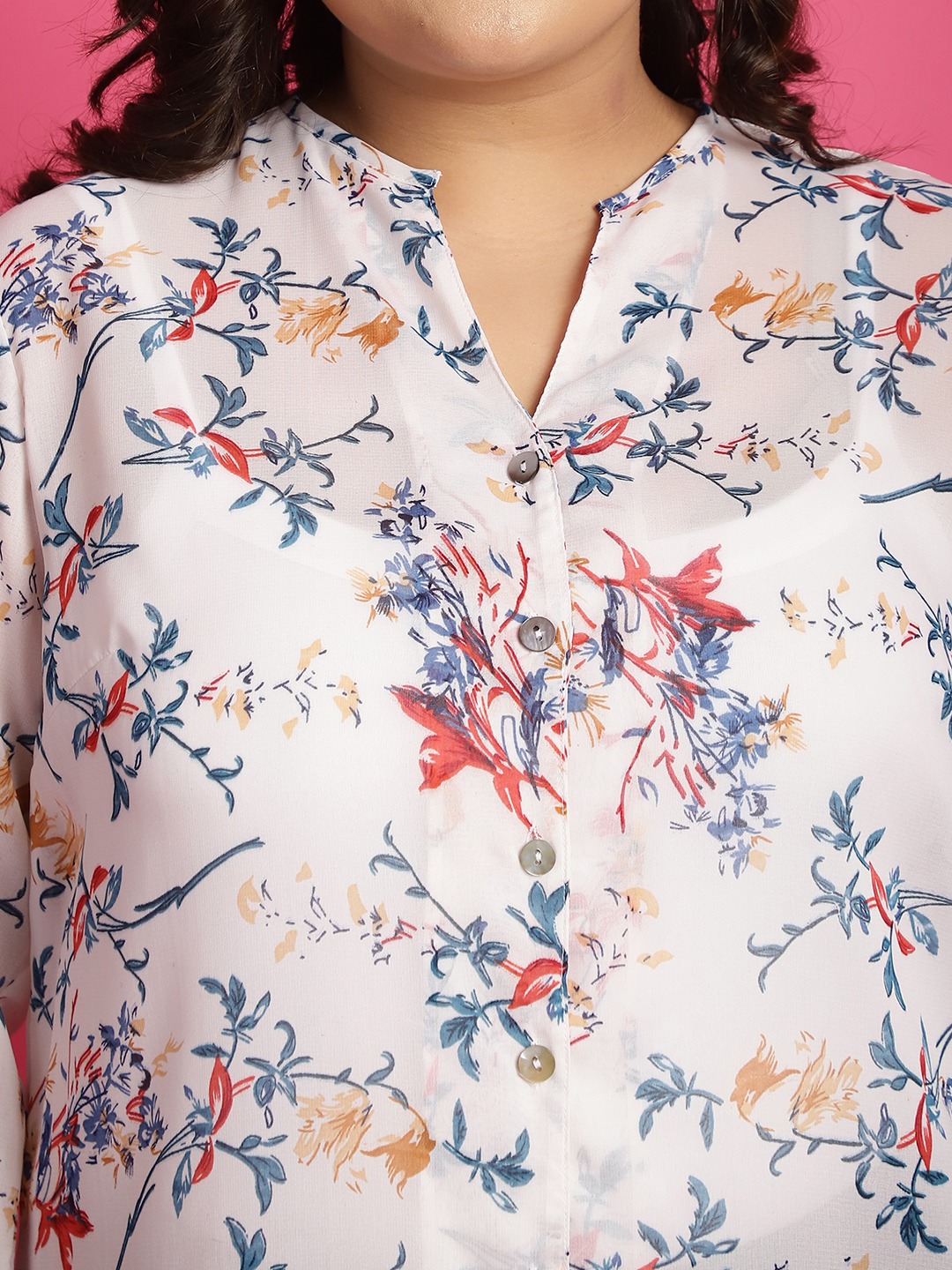 Women's Plus Size White Red & Blue floral print Longline Casual Shirt